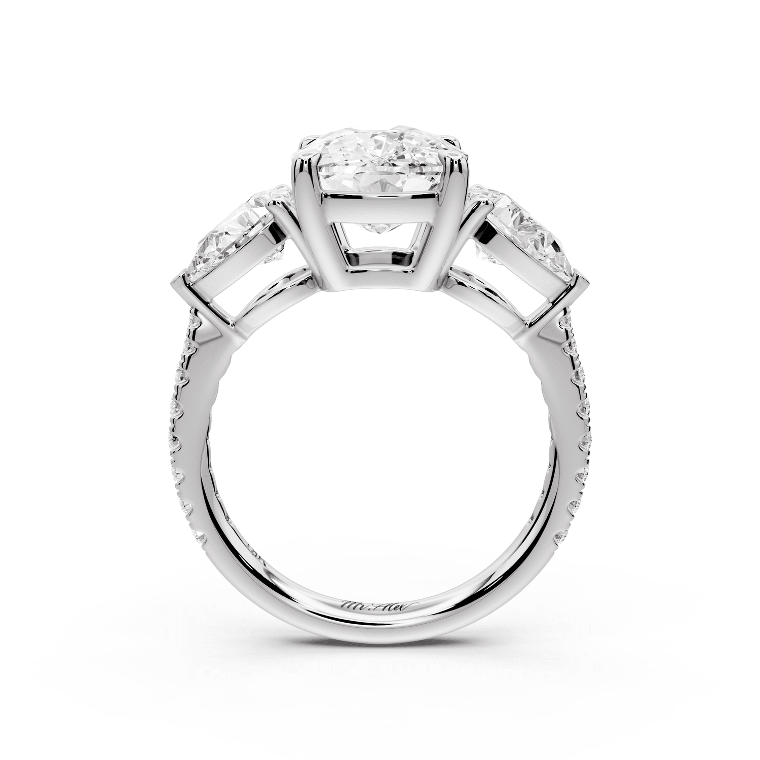 Alma - 4ct 14k white gold ecushion center stone with two pear shaped diamonds and pavé. Three stone oval and pear engagement ring with Pavé - Mr. Alex Jewelry