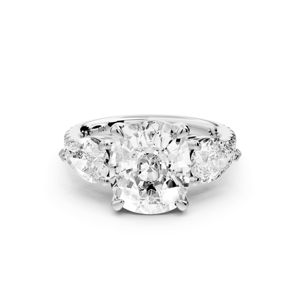 Alma - 4ct 14k white gold ecushion center stone with two pear shaped diamonds and pavé. Three stone oval and pear engagement ring with Pavé - Mr. Alex Jewelry