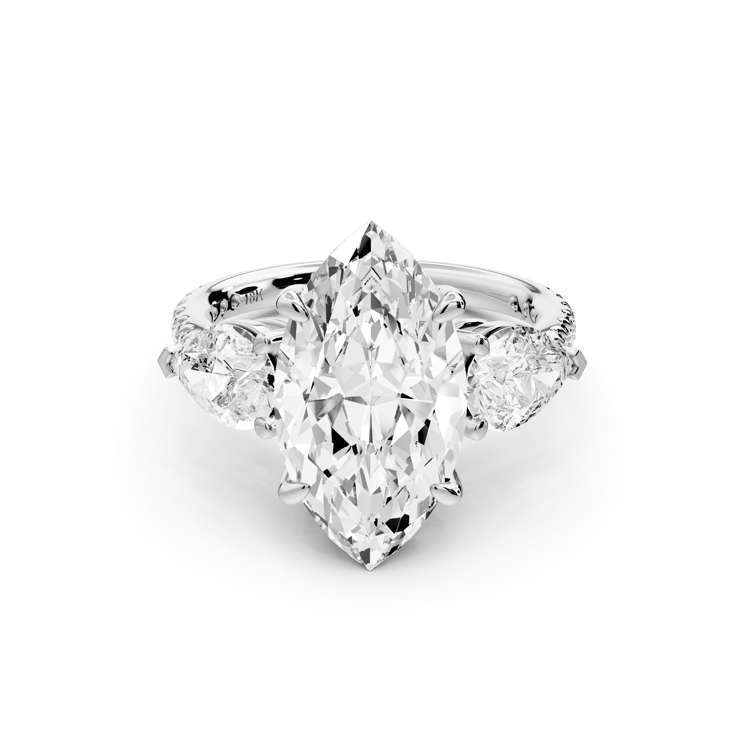 Alma - 4ct 14k white gold marquise center stone with two pear shaped diamonds and pavé. Three stone oval and pear engagement ring with Pavé - Mr. Alex Jewelry