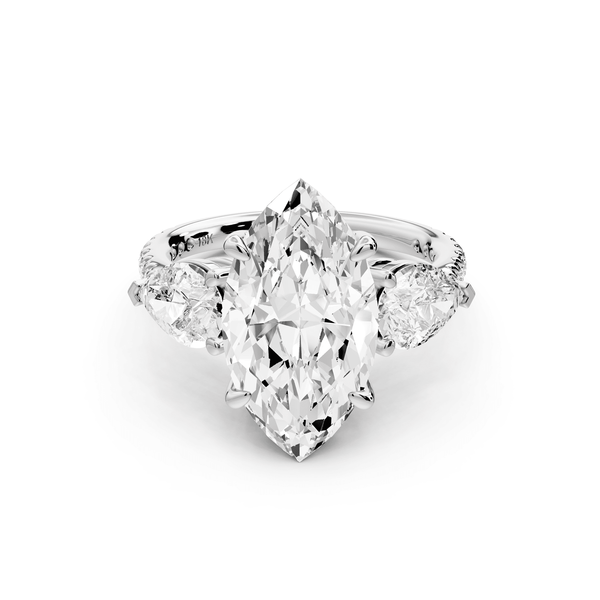 Alma - 4ct 14k white gold marquise center stone with two pear shaped diamonds and pavé. Three stone oval and pear engagement ring with Pavé - Mr. Alex Jewelry