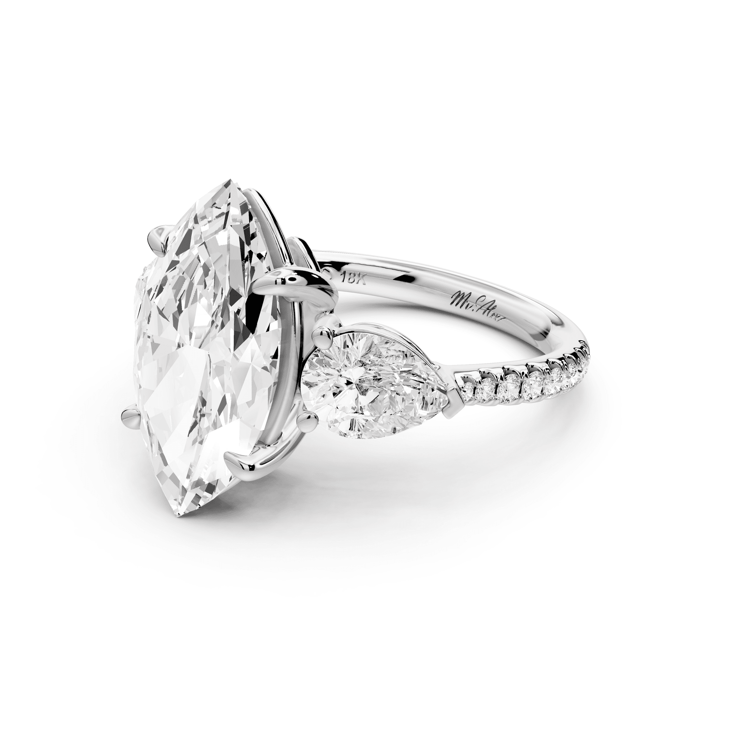 Alma - 4ct 14k white gold marquise center stone with two pear shaped diamonds and pavé. Three stone oval and pear engagement ring with Pavé - Mr. Alex Jewelry