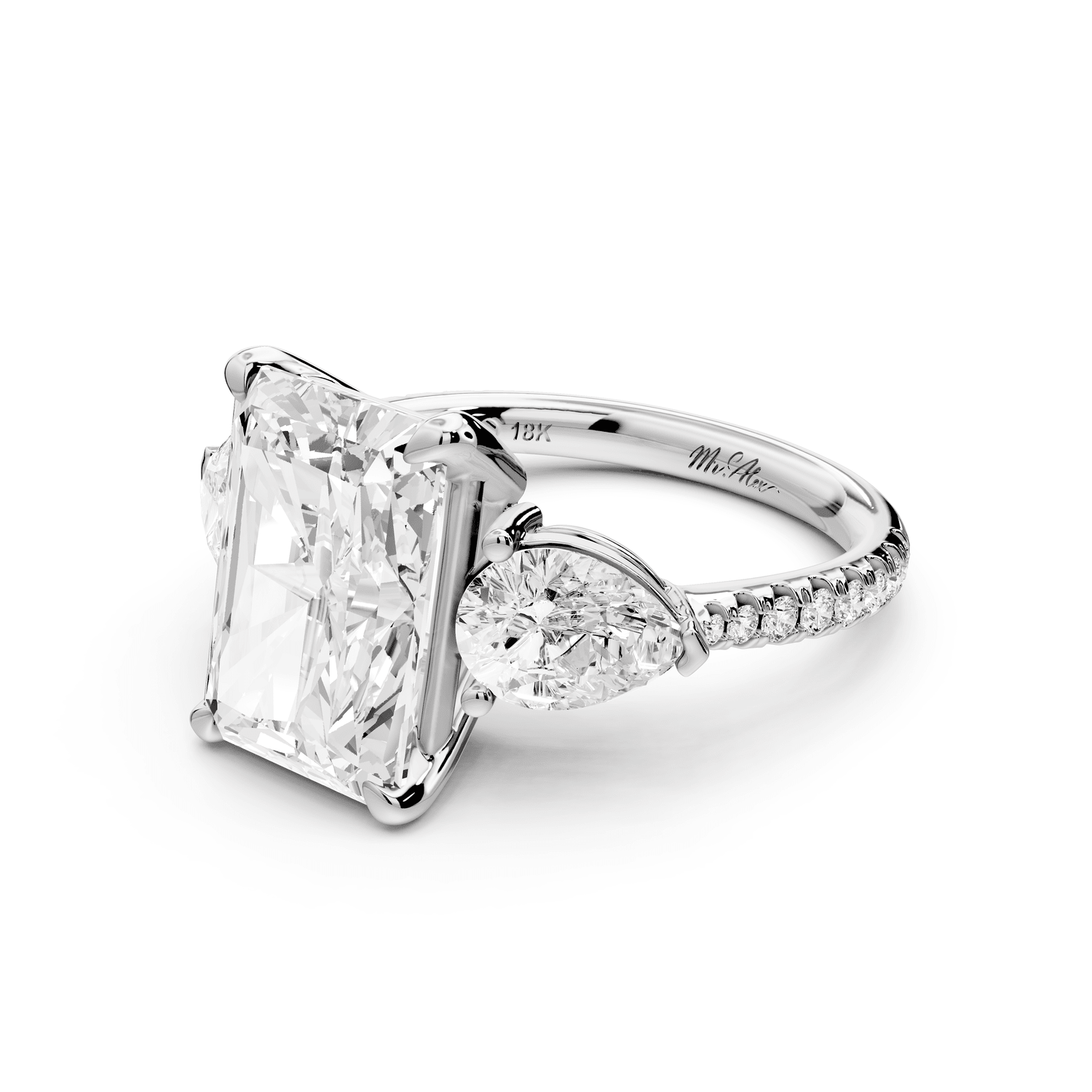 Alma - 4ct 14k white gold radiant center stone with two pear shaped diamonds and pavé. Three stone oval and pear engagement ring with Pavé - Mr. Alex Jewelry