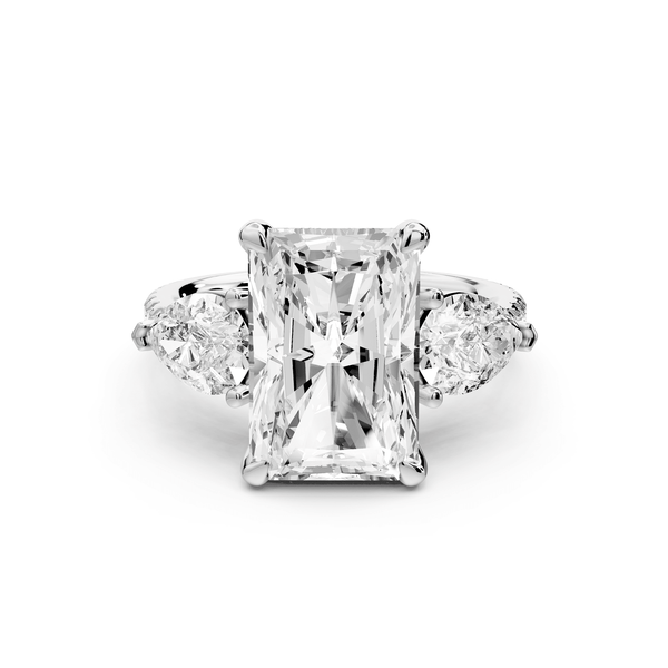 Alma - 4ct 14k white gold radiant center stone with two pear shaped diamonds and pavé. Three stone oval and pear engagement ring with Pavé - Mr. Alex Jewelry