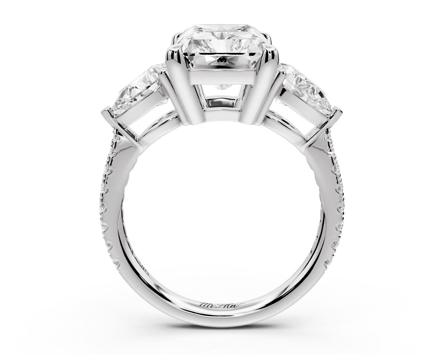 Alma - 4ct 14k white gold radiant center stone with two pear shaped diamonds and pavé. Three stone oval and pear engagement ring with Pavé - Mr. Alex Jewelry