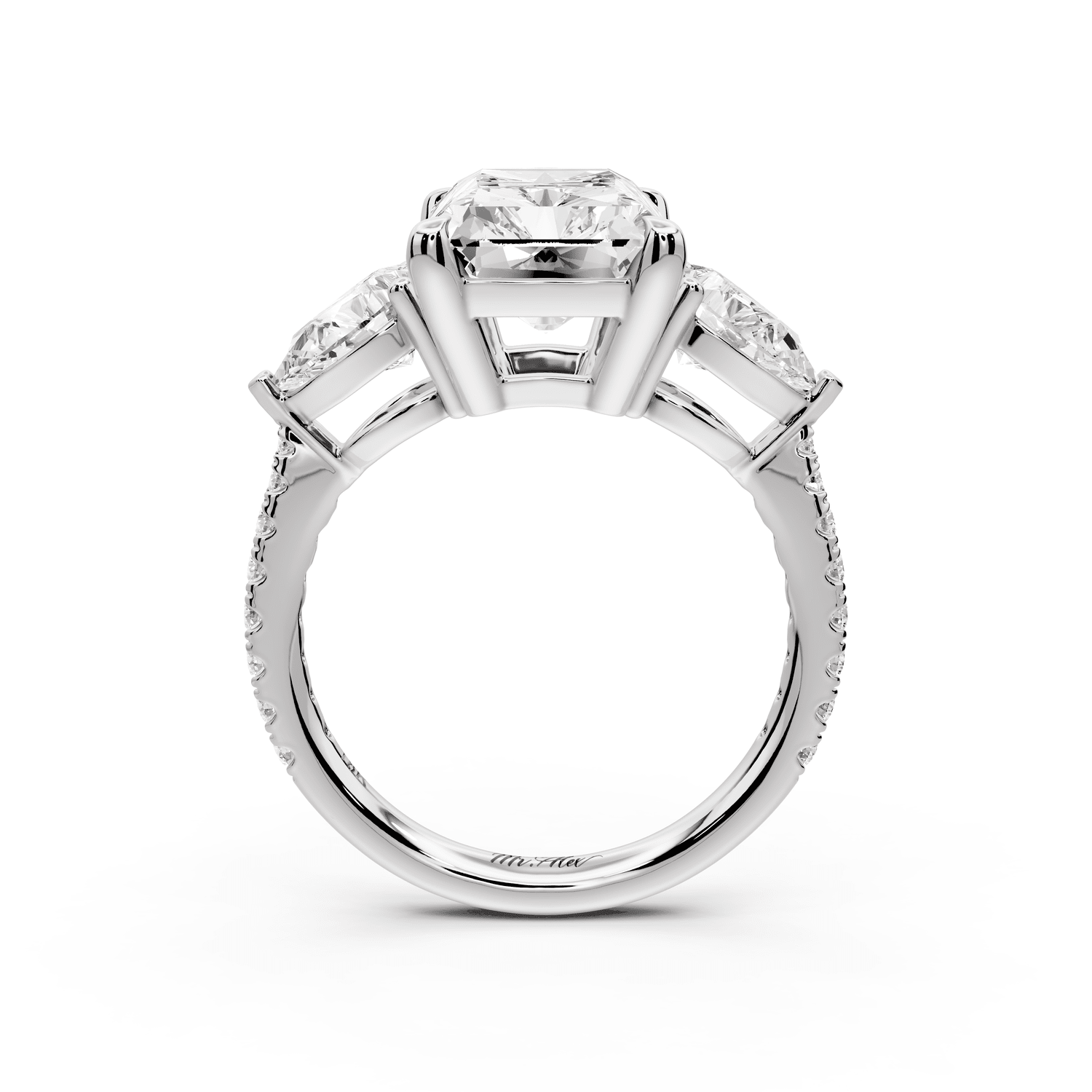 Alma - 4ct 14k white gold radiant center stone with two pear shaped diamonds and pavé. Three stone oval and pear engagement ring with Pavé - Mr. Alex Jewelry