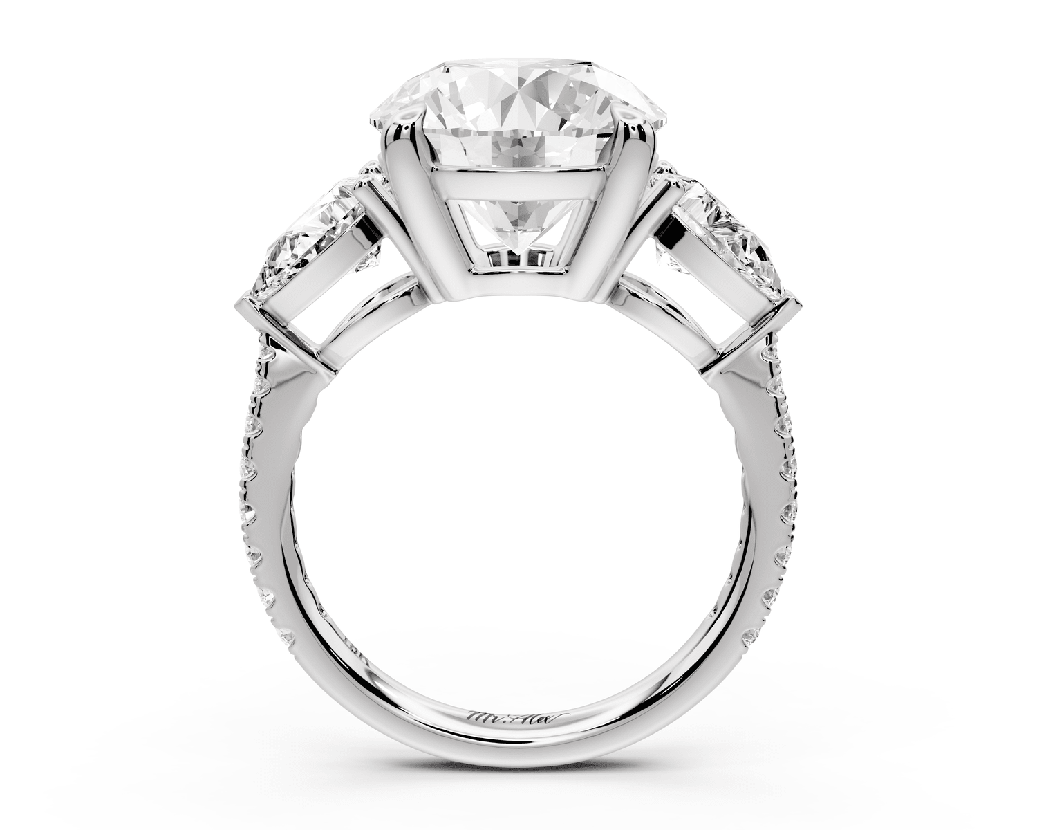 Alma - 4ct 14k white gold round center stone with two pear shaped diamonds and pavé. Three stone oval and pear engagment ring with Pavé - Mr. Alex Jewelry
