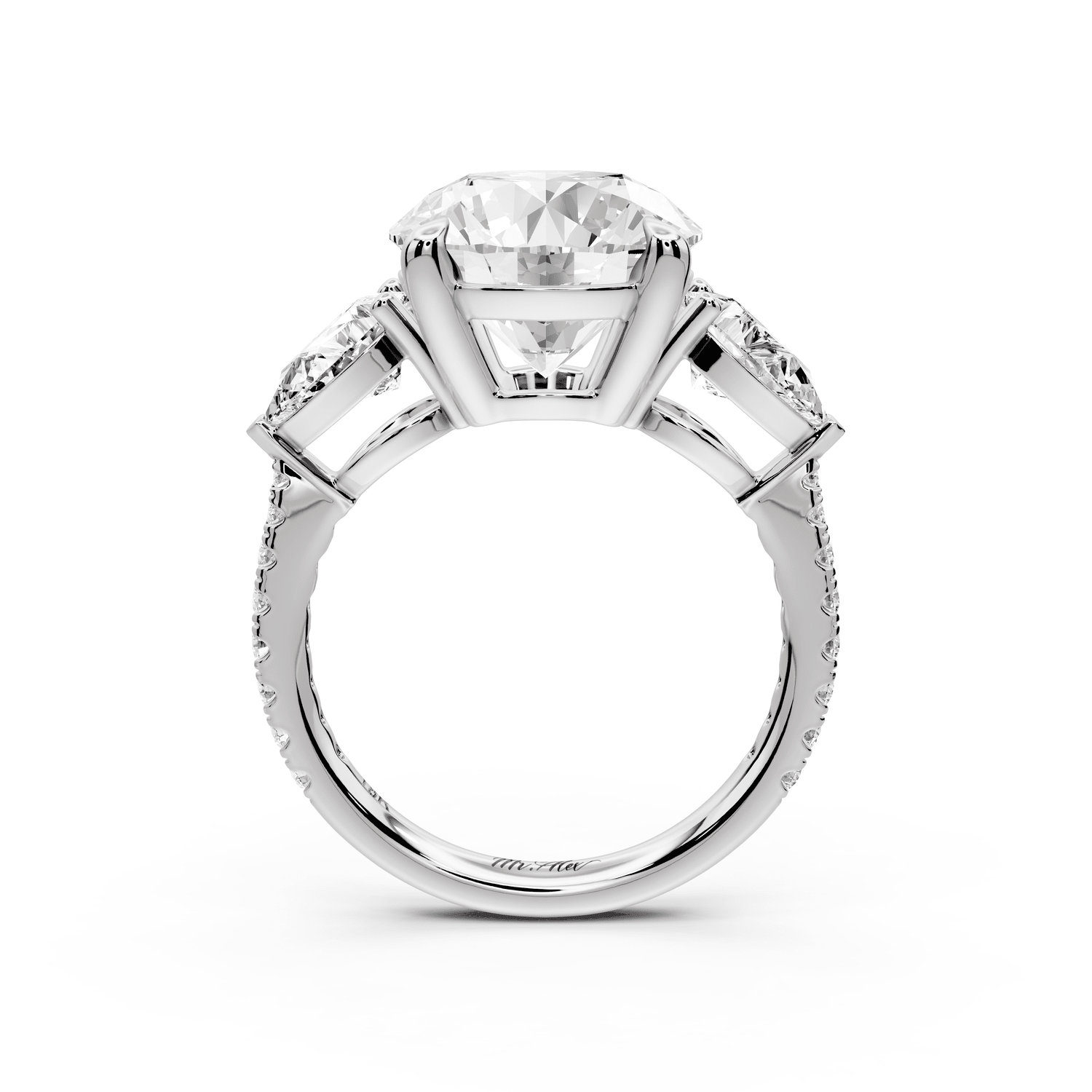 Alma - 4ct 14k white gold round center stone with two pear shaped diamonds and pavé. Three stone oval and pear engagment ring with Pavé - Mr. Alex Jewelry