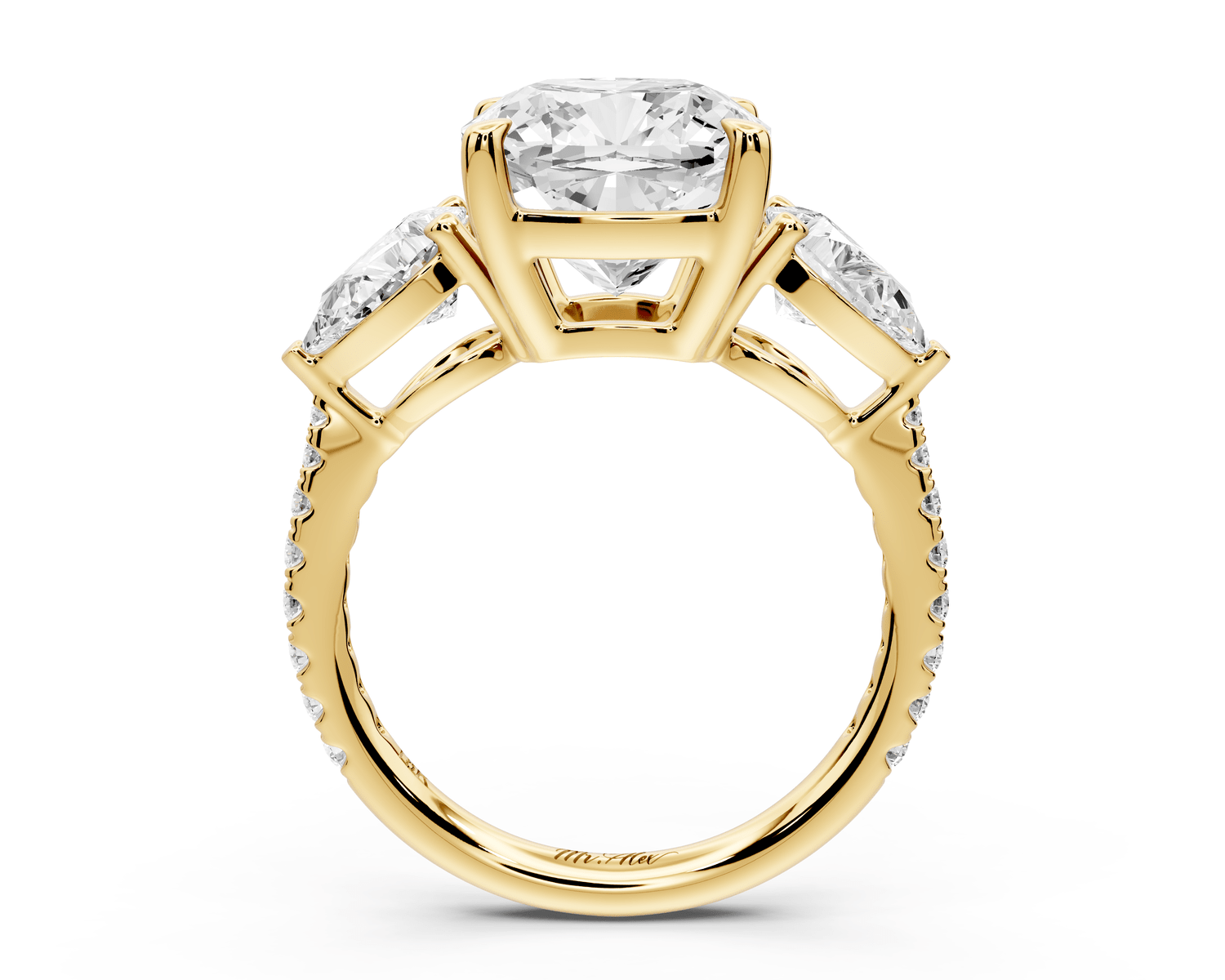 Alma - 4ct 14k yellow gold cushion center stone with two pear shaped diamonds and pavé. Three stone oval and pear engagement ring with Pavé - Mr. Alex Jewelry