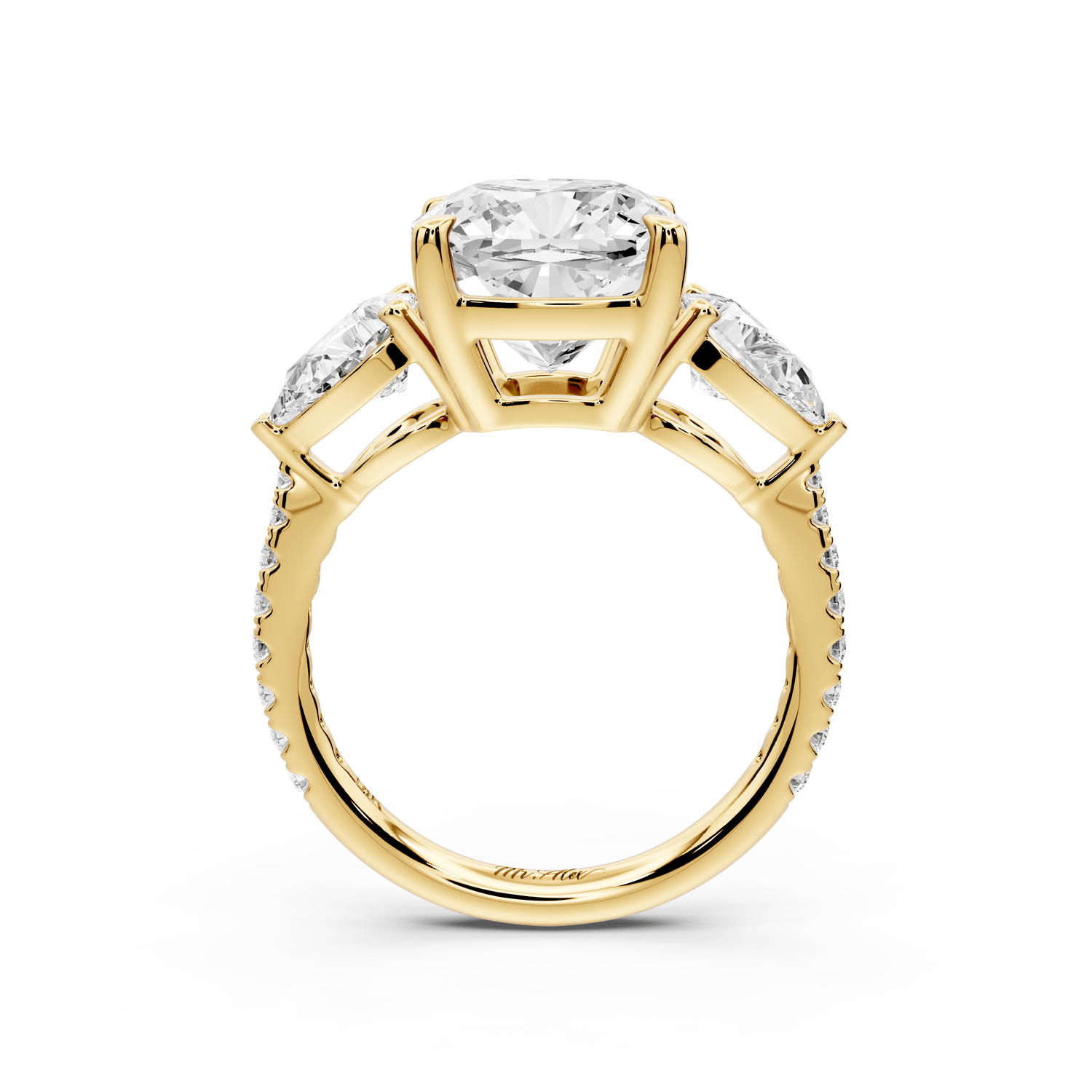 Alma - 4ct 14k yellow gold cushion center stone with two pear shaped diamonds and pavé. Three stone oval and pear engagement ring with Pavé - Mr. Alex Jewelry