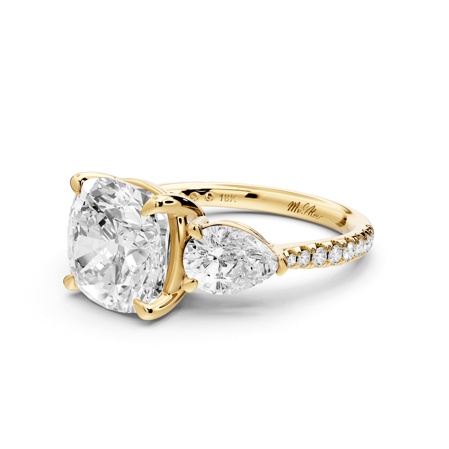 Alma - 4ct 14k yellow gold cushion center stone with two pear shaped diamonds and pavé. Three stone oval and pear engagement ring with Pavé - Mr. Alex Jewelry