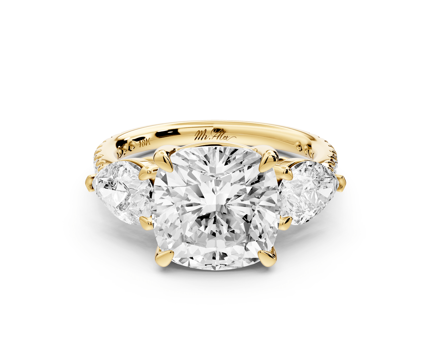 Alma - 4ct 14k yellow gold cushion center stone with two pear shaped diamonds and pavé. Three stone oval and pear engagement ring with Pavé - Mr. Alex Jewelry