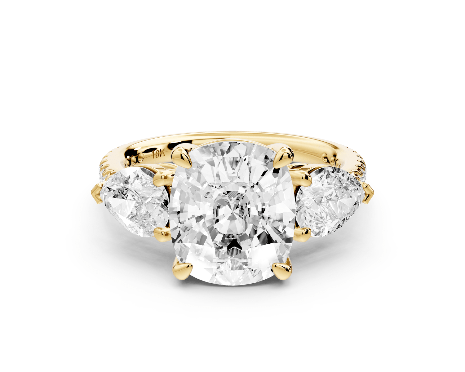 Alma - 4ct 14k yellow gold ecushion center stone with two pear shaped diamonds and pavé. Three stone oval and pear engagement ring with Pavé - Mr. Alex Jewelry