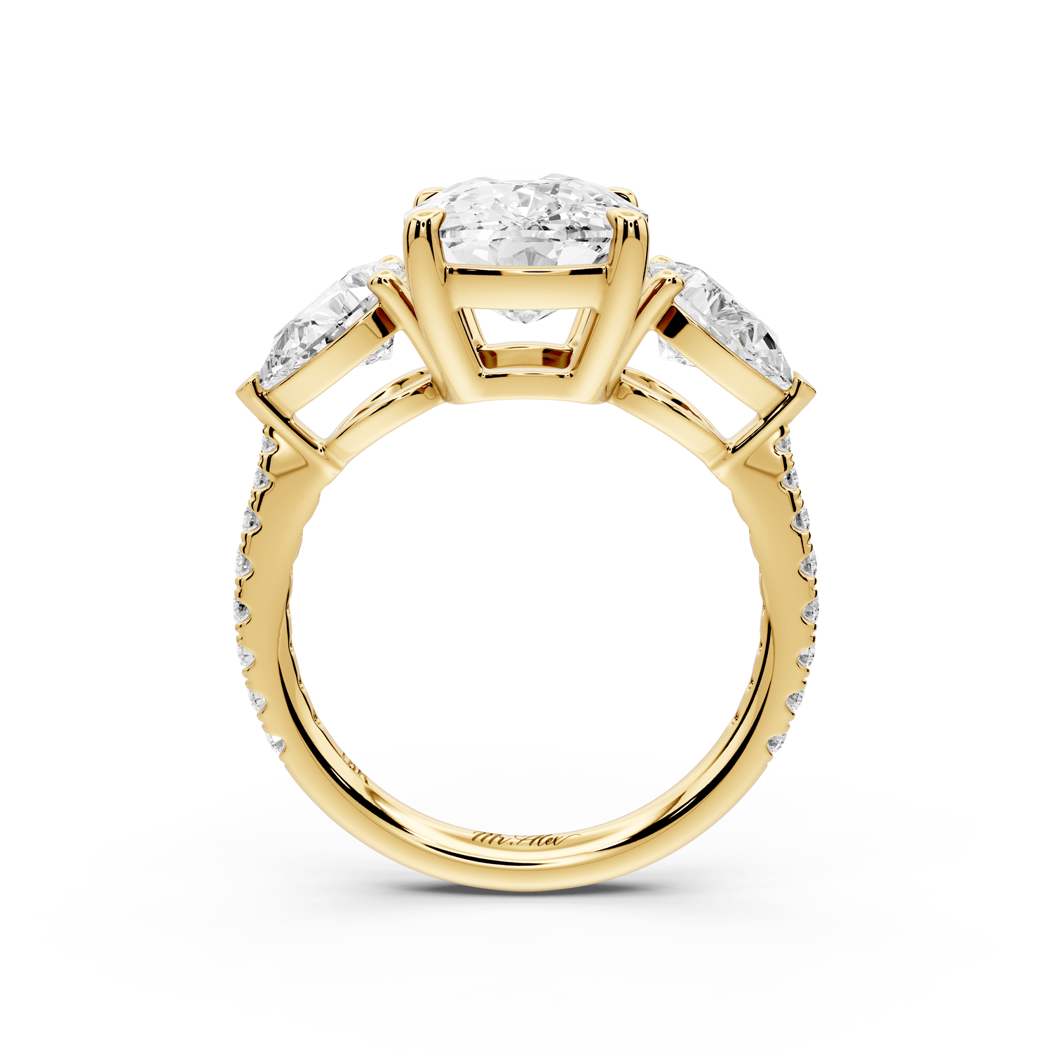 Alma - 4ct 14k yellow gold ecushion center stone with two pear shaped diamonds and pavé. Three stone oval and pear engagement ring with Pavé - Mr. Alex Jewelry
