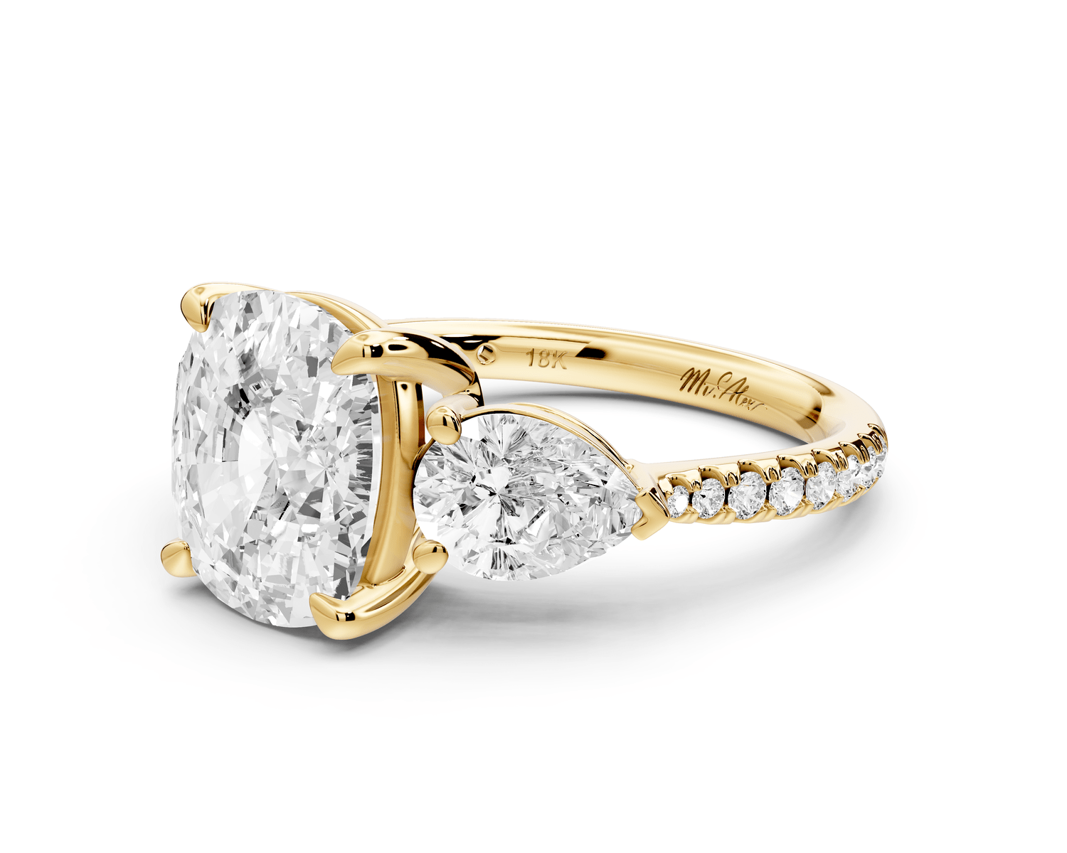 Alma - 4ct 14k yellow gold ecushion center stone with two pear shaped diamonds and pavé. Three stone oval and pear engagement ring with Pavé - Mr. Alex Jewelry