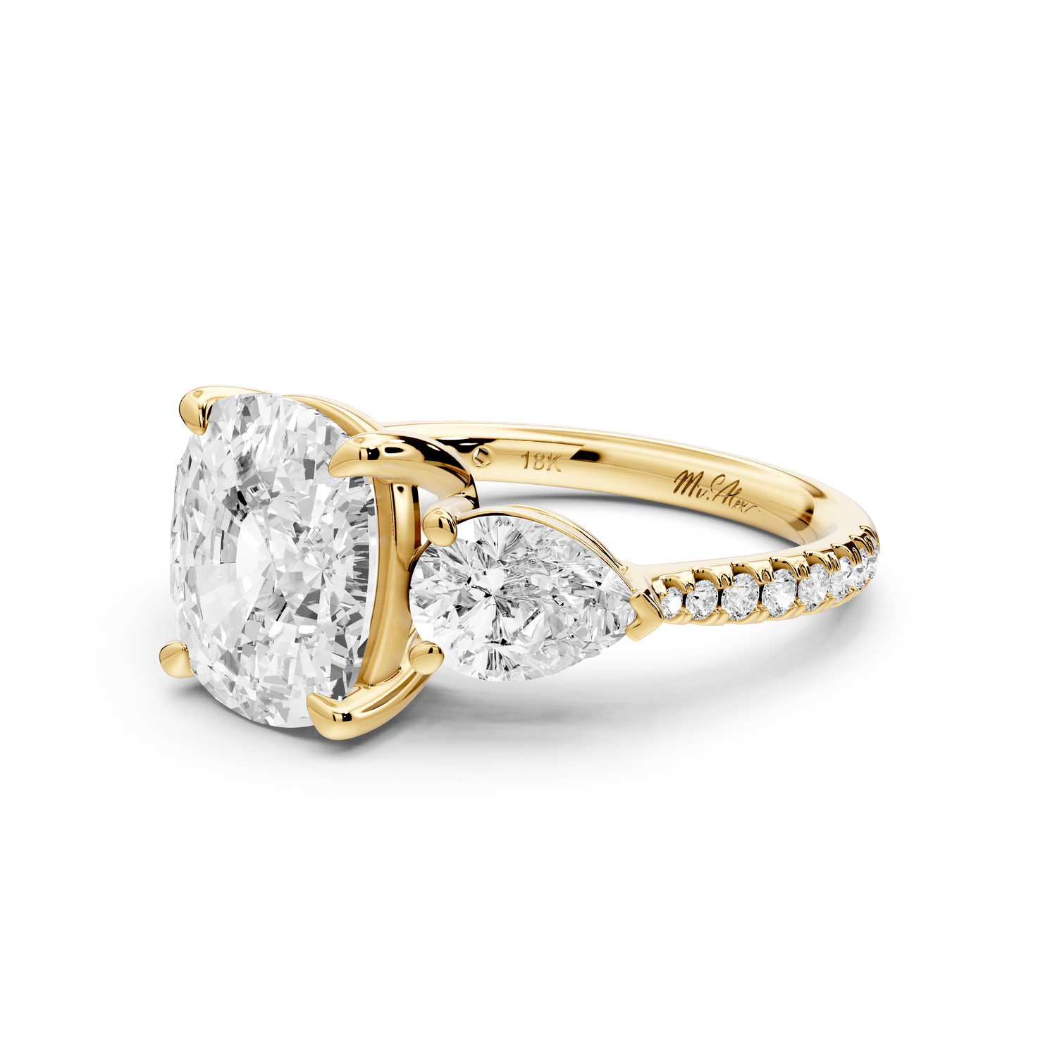 Alma - 4ct 14k yellow gold ecushion center stone with two pear shaped diamonds and pavé. Three stone oval and pear engagement ring with Pavé - Mr. Alex Jewelry