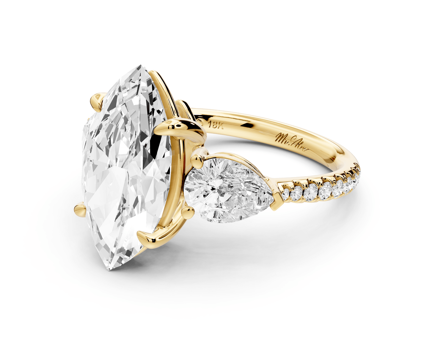 Alma - 4ct 14k yellow gold marquise center stone with two pear shaped diamonds and pavé. Three stone oval and pear engagement ring with Pavé - Mr. Alex Jewelry