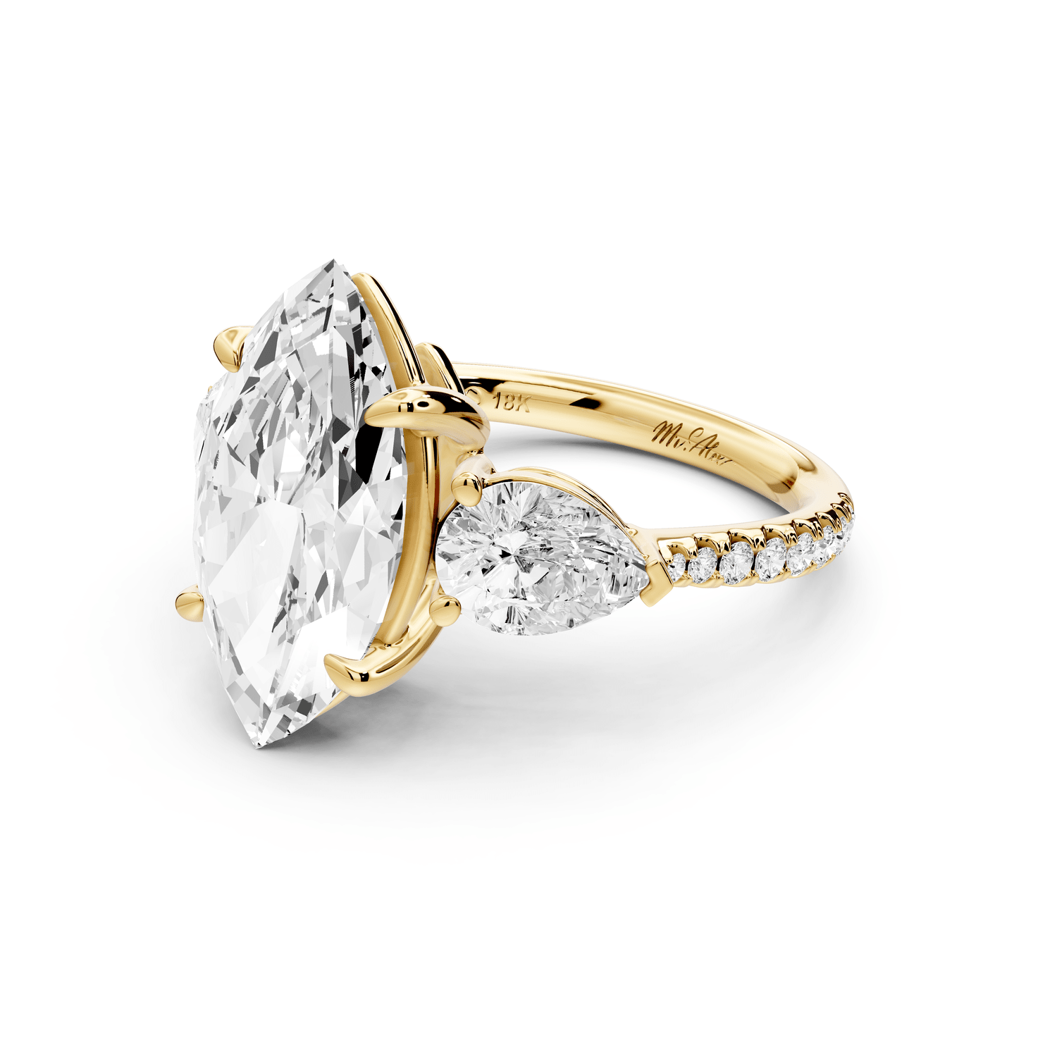 Alma - 4ct 14k yellow gold marquise center stone with two pear shaped diamonds and pavé. Three stone oval and pear engagement ring with Pavé - Mr. Alex Jewelry