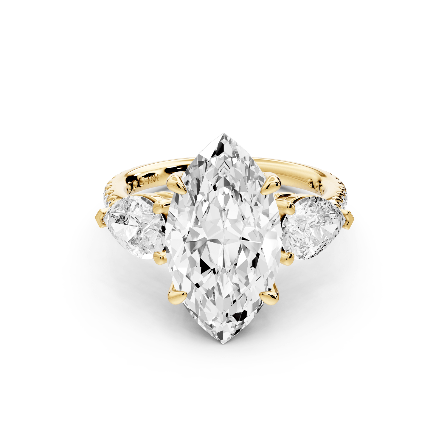 Alma - 4ct 14k yellow gold marquise center stone with two pear shaped diamonds and pavé. Three stone oval and pear engagement ring with Pavé - Mr. Alex Jewelry