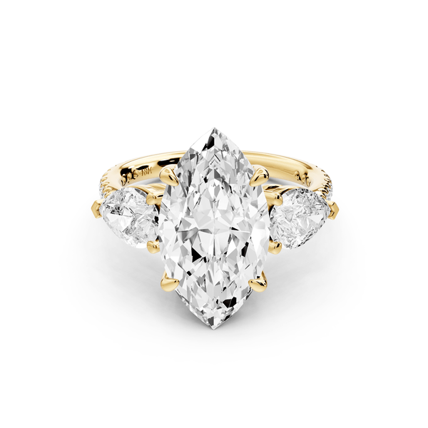 Alma - 4ct 14k yellow gold marquise center stone with two pear shaped diamonds and pavé. Three stone oval and pear engagement ring with Pavé - Mr. Alex Jewelry