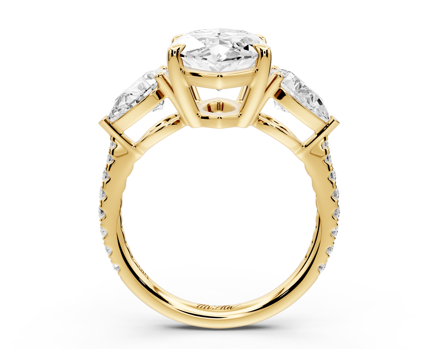 Alma - 4ct 14k yellow gold marquise center stone with two pear shaped diamonds and pavé. Three stone oval and pear engagement ring with Pavé - Mr. Alex Jewelry