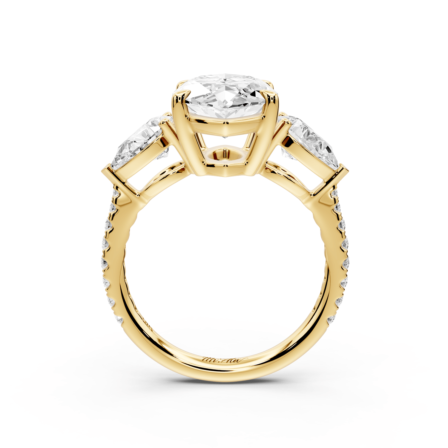 Alma - 4ct 14k yellow gold marquise center stone with two pear shaped diamonds and pavé. Three stone oval and pear engagement ring with Pavé - Mr. Alex Jewelry