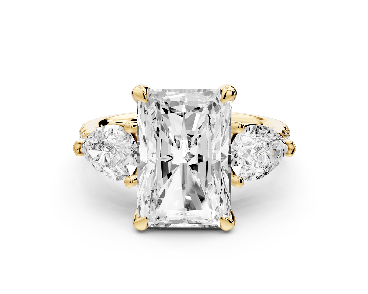 Alma - 4ct 14k yellow gold radiant center stone with two pear shaped diamonds and pavé. Three stone oval and pear engagement ring with Pavé - Mr. Alex Jewelry