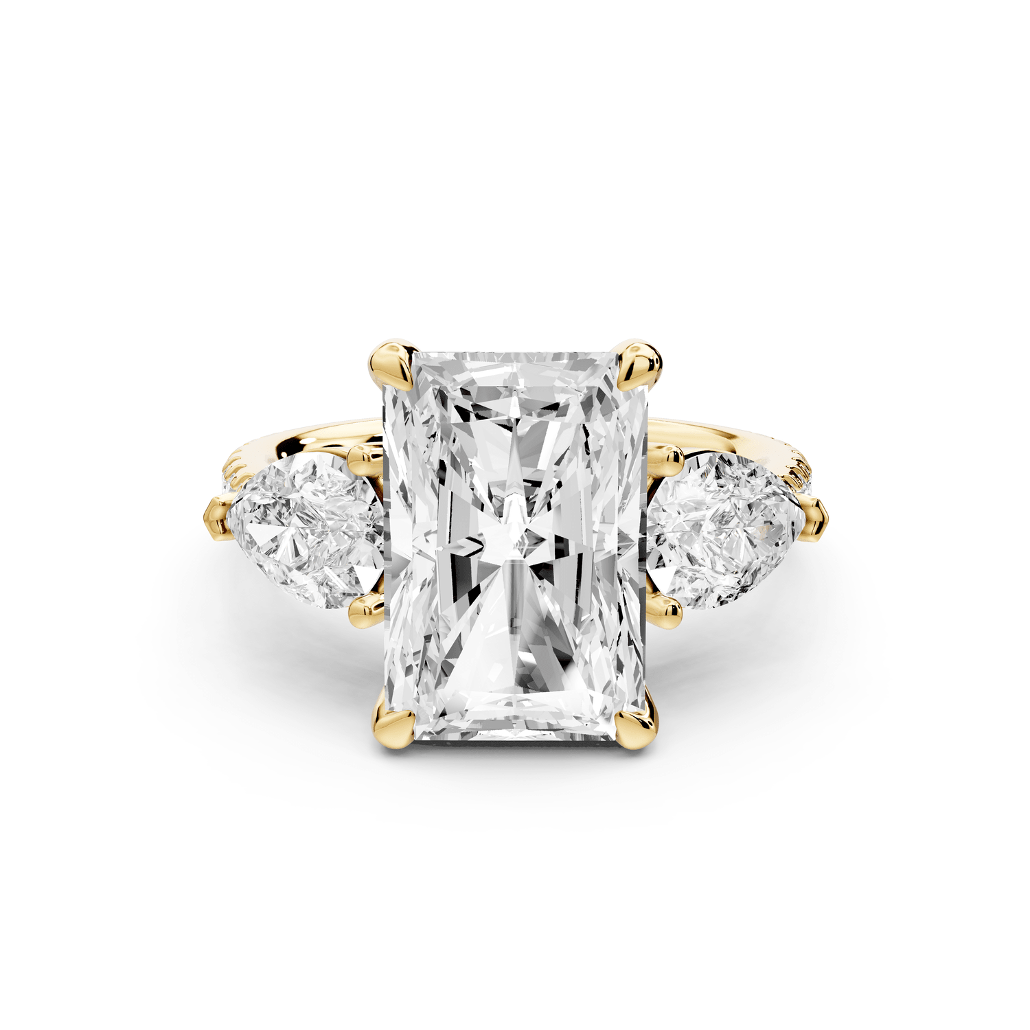 Alma - 4ct 14k yellow gold radiant center stone with two pear shaped diamonds and pavé. Three stone oval and pear engagement ring with Pavé - Mr. Alex Jewelry