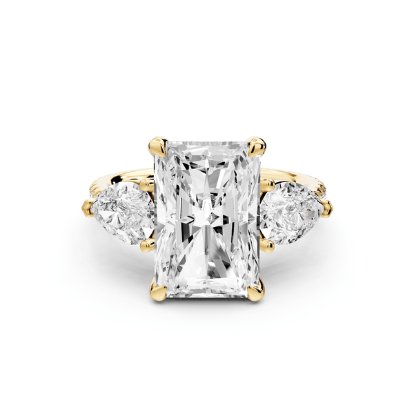 Alma - 4ct 14k yellow gold radiant center stone with two pear shaped diamonds and pavé. Three stone oval and pear engagement ring with Pavé - Mr. Alex Jewelry