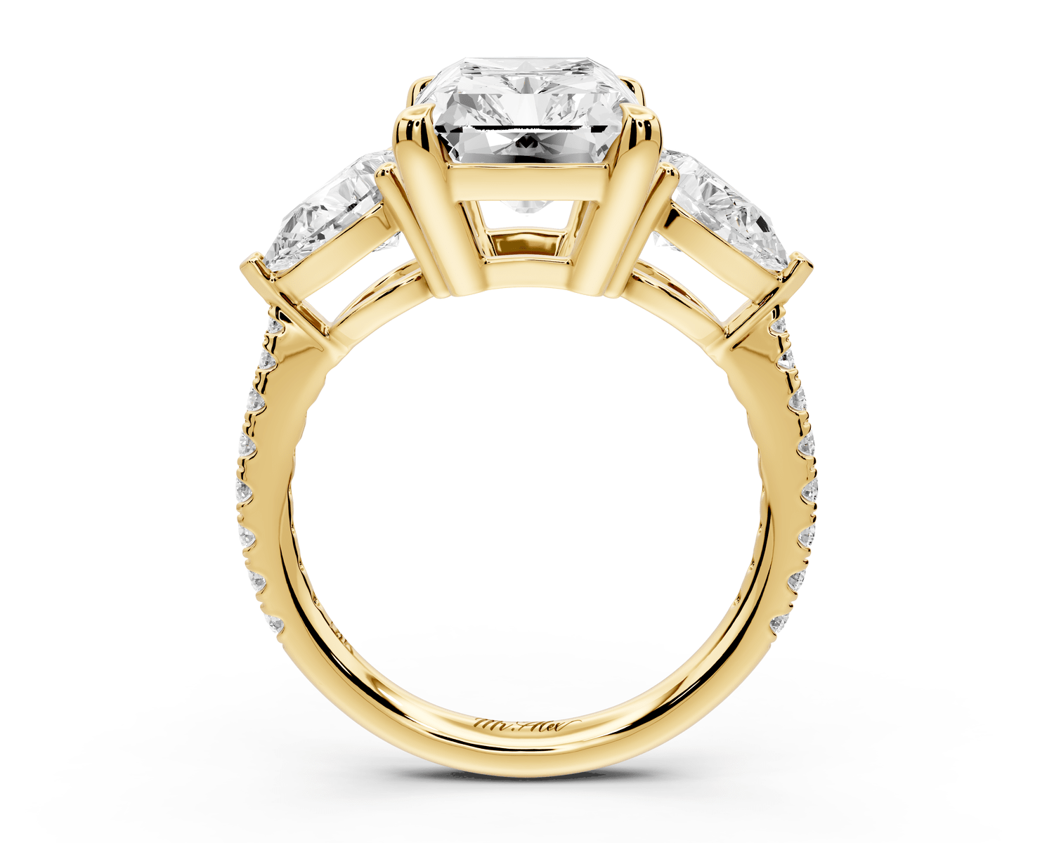 Alma - 4ct 14k yellow gold radiant center stone with two pear shaped diamonds and pavé. Three stone oval and pear engagement ring with Pavé - Mr. Alex Jewelry