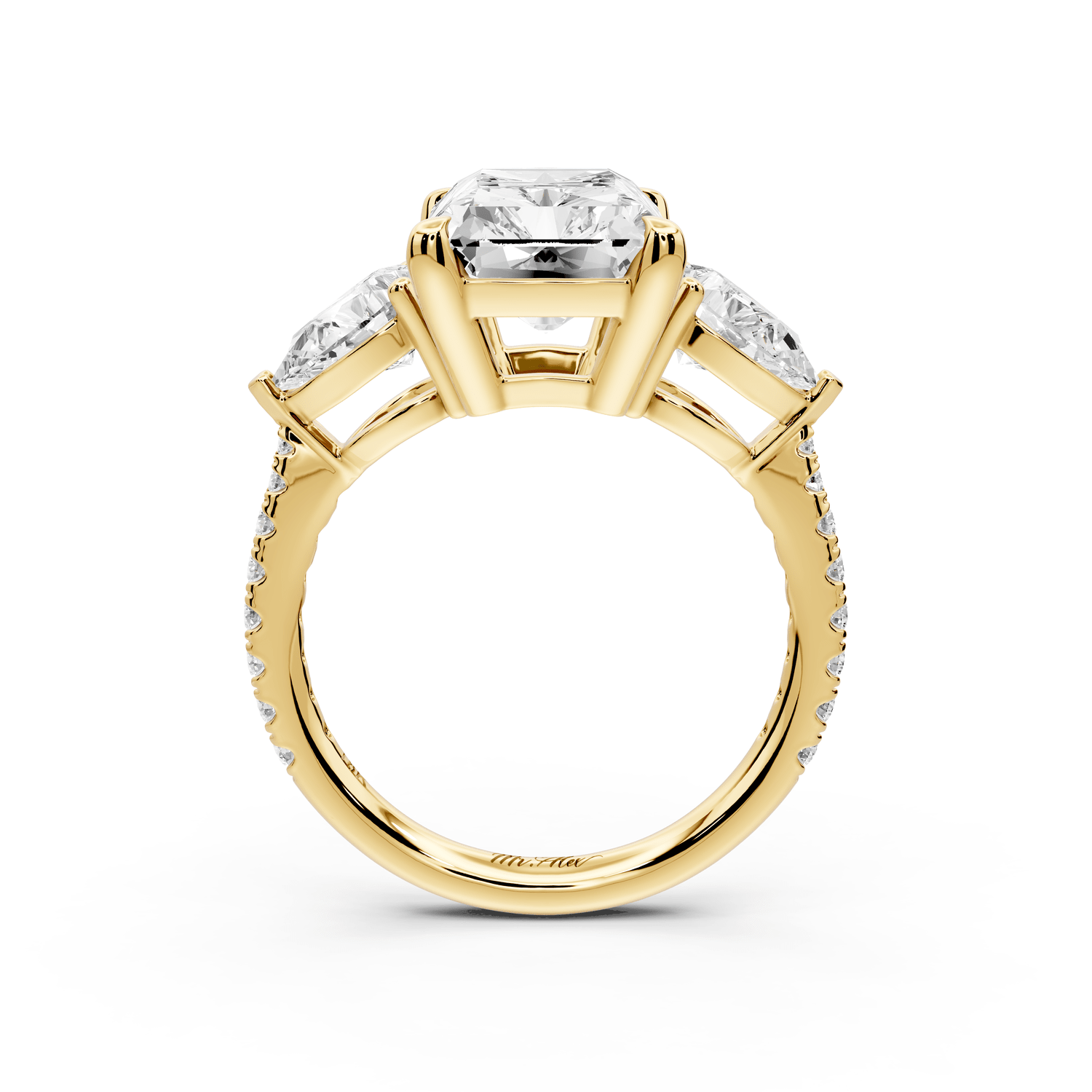Alma - 4ct 14k yellow gold radiant center stone with two pear shaped diamonds and pavé. Three stone oval and pear engagement ring with Pavé - Mr. Alex Jewelry