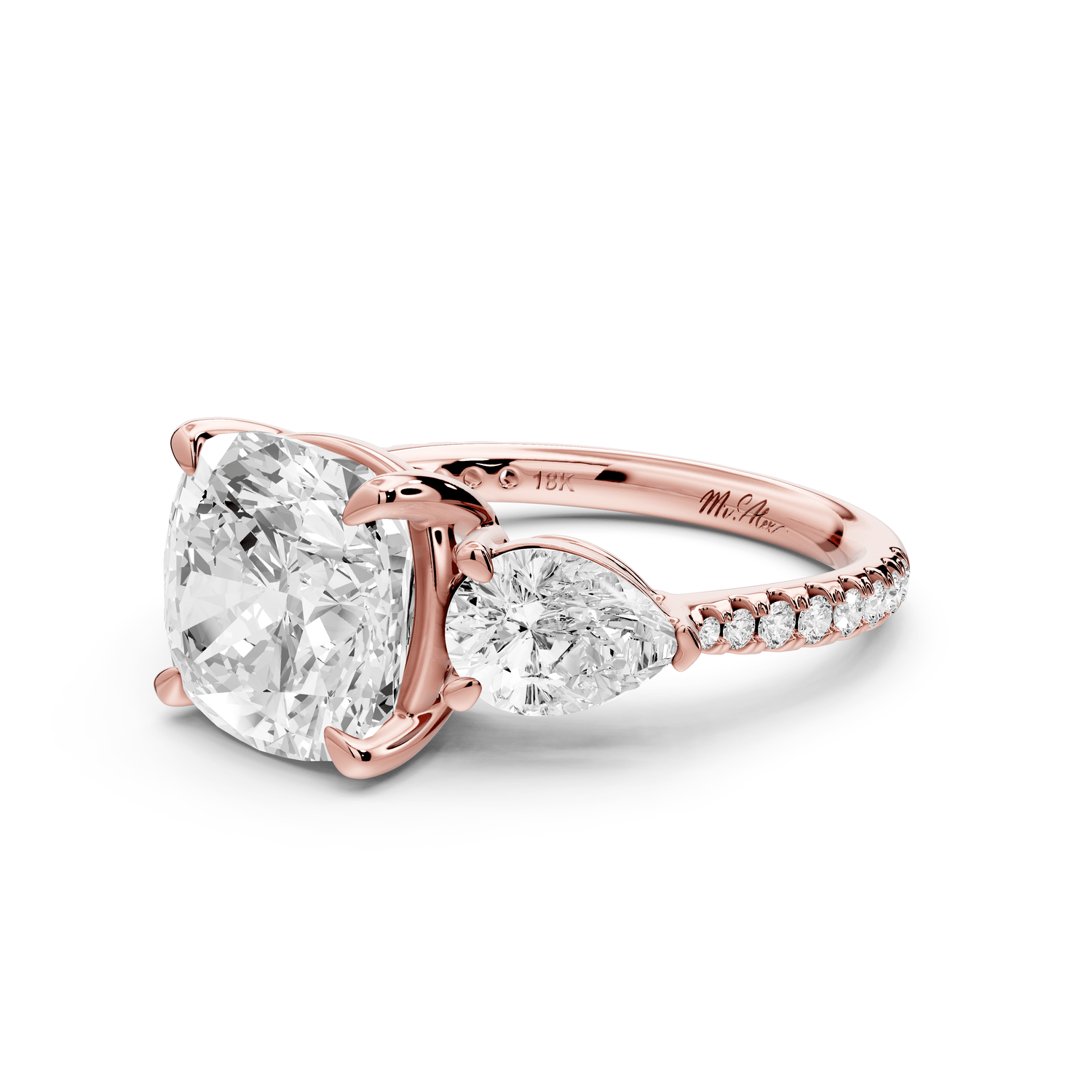 Alma - 4ct 18k rose gold cushion center stone with two pear shaped diamonds and pavé. Three stone oval and pear engagement ring with Pavé - Mr. Alex Jewelry