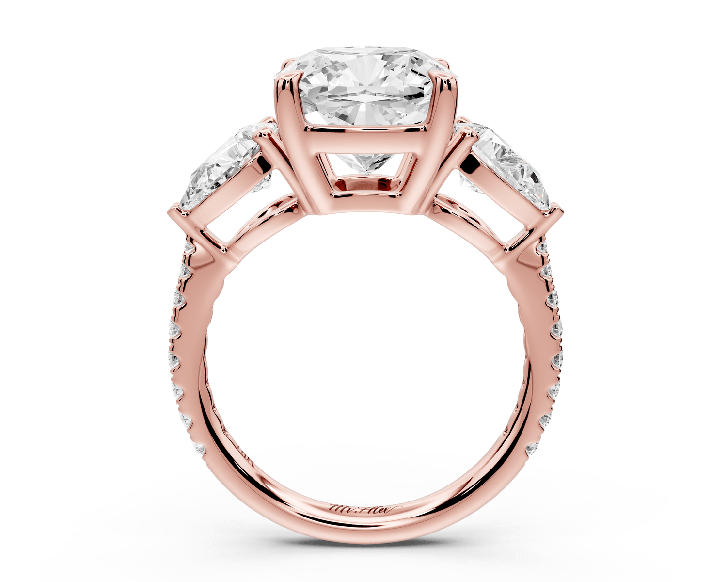 Alma - 4ct 18k rose gold cushion center stone with two pear shaped diamonds and pavé. Three stone oval and pear engagement ring with Pavé - Mr. Alex Jewelry
