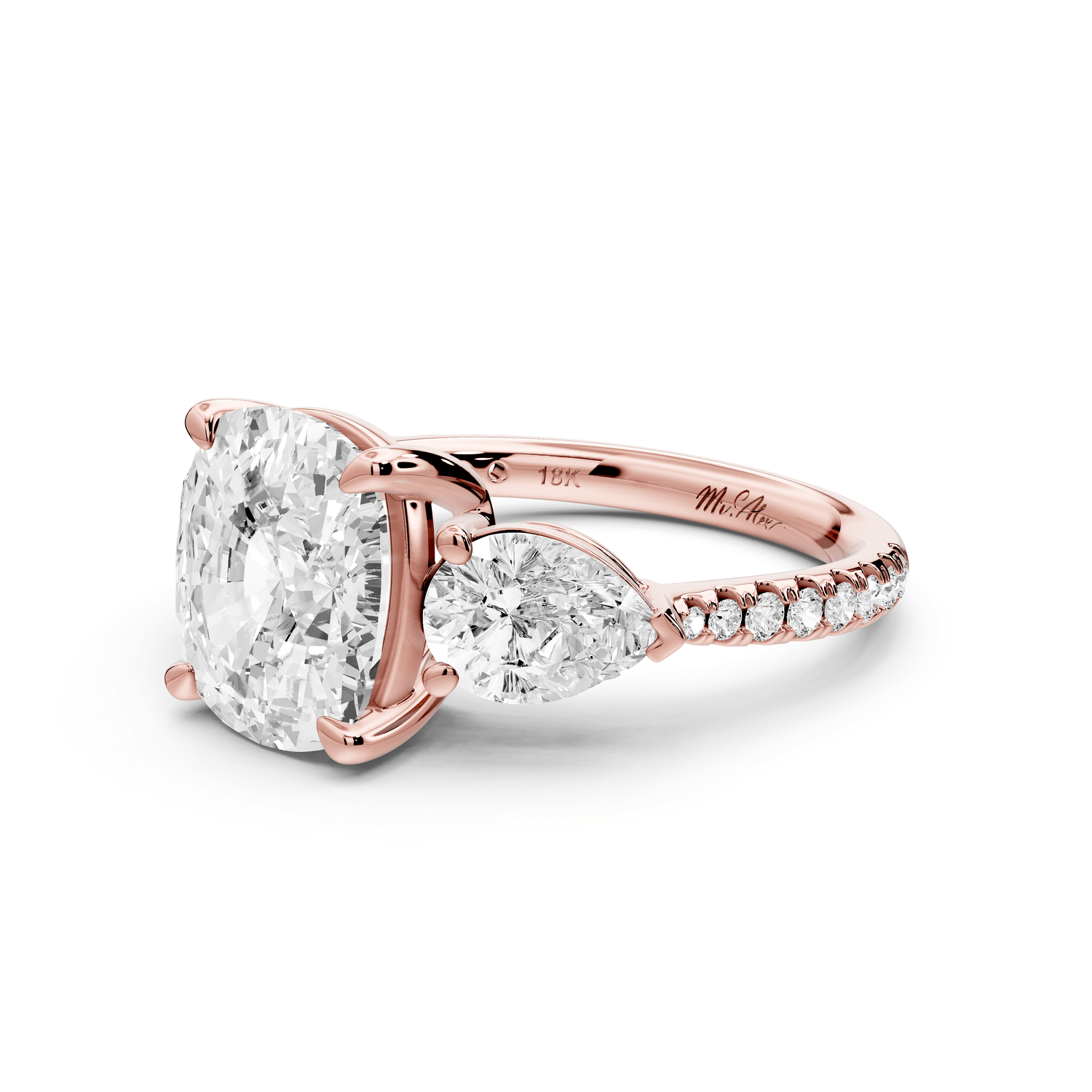Alma - 4ct 18k rose gold ecushion center stone with two pear shaped diamonds and pavé. Three stone oval and pear engagement ring with Pavé - Mr. Alex Jewelry