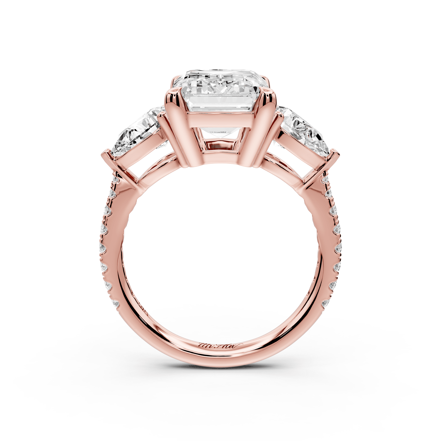Alma - 4ct 18k rose gold emerald center stone with two pear shaped diamonds and pavé. Three stone oval and pear Engagement ring with Pavé - Mr. Alex Jewelry