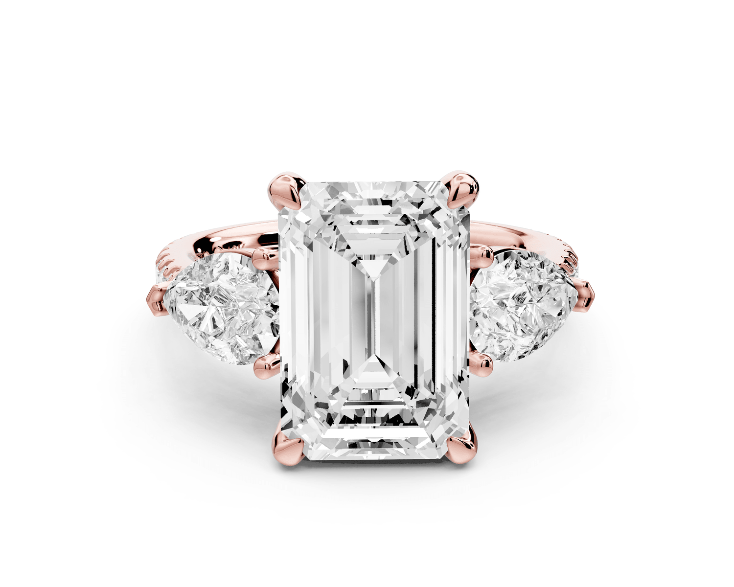 Alma - 4ct 18k rose gold emerald center stone with two pear shaped diamonds and pavé. Three stone oval and pear Engagement ring with Pavé - Mr. Alex Jewelry