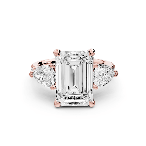 Alma - 4ct 18k rose gold emerald center stone with two pear shaped diamonds and pavé. Three stone oval and pear Engagement ring with Pavé - Mr. Alex Jewelry