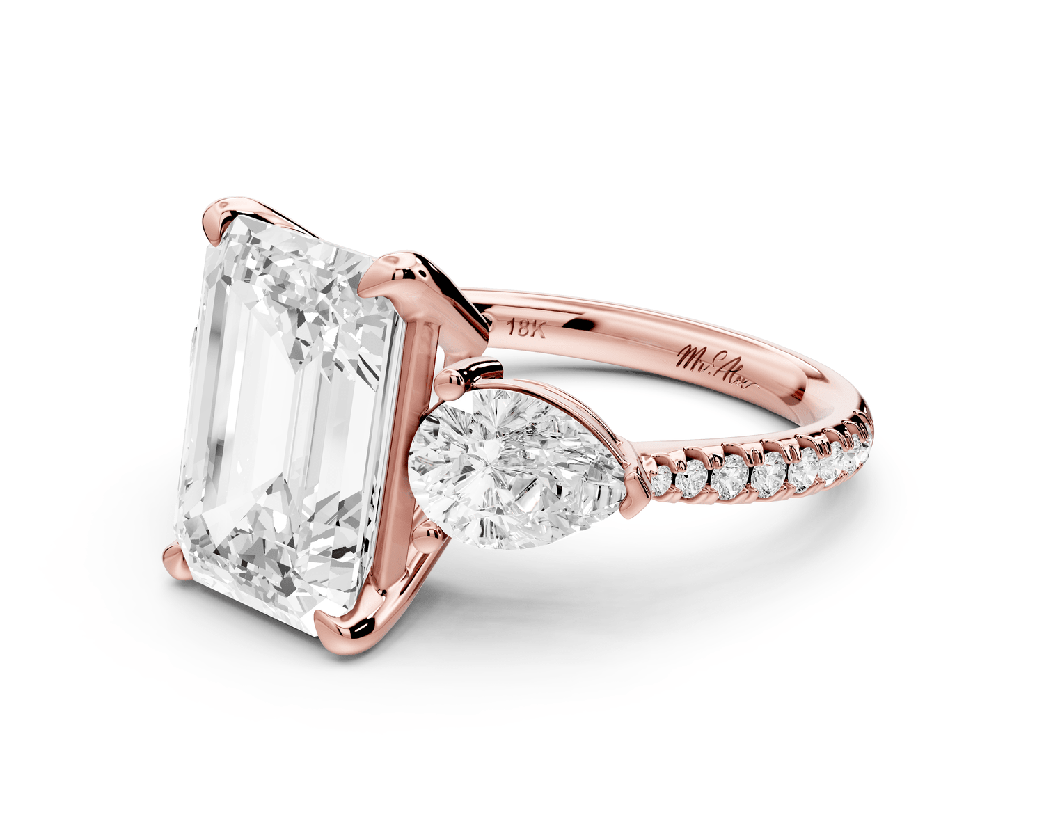 Alma - 4ct 18k rose gold emerald center stone with two pear shaped diamonds and pavé. Three stone oval and pear Engagement ring with Pavé - Mr. Alex Jewelry