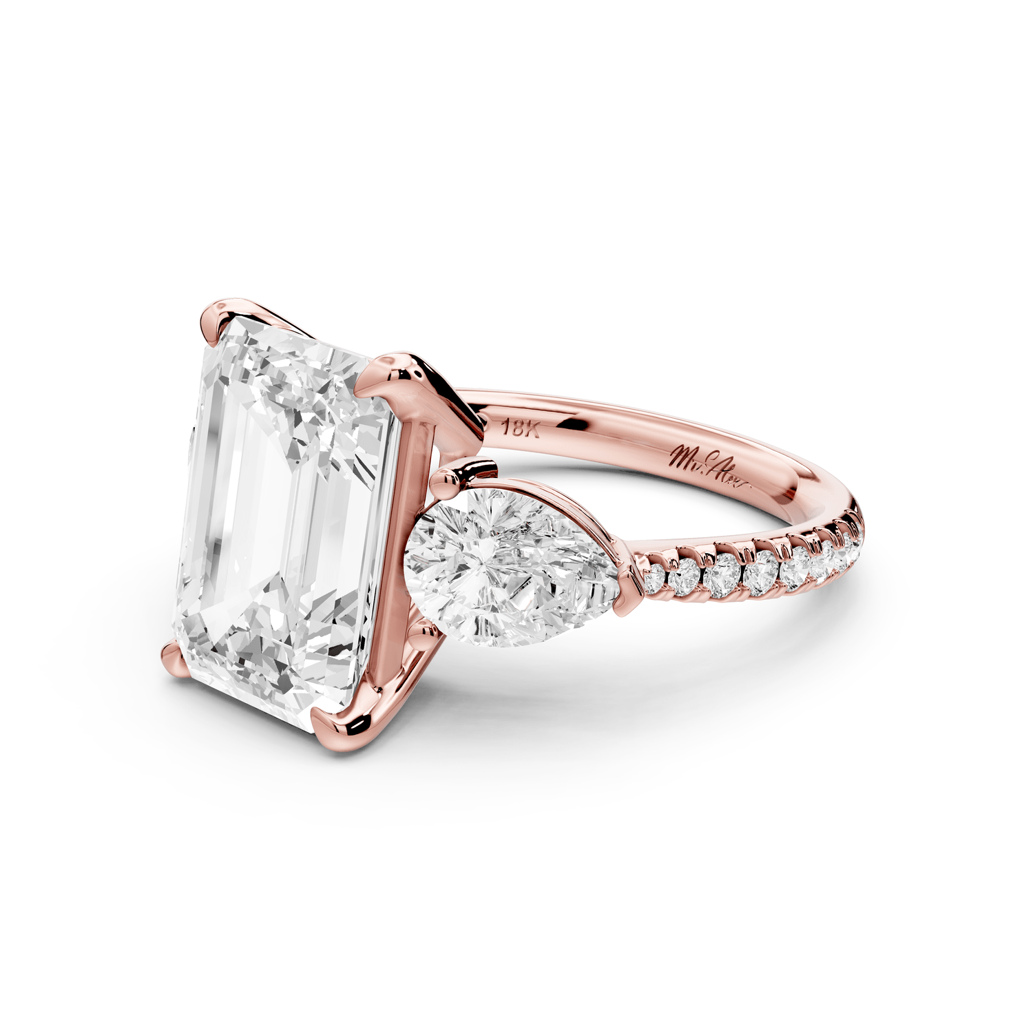 Alma - 4ct 18k rose gold emerald center stone with two pear shaped diamonds and pavé. Three stone oval and pear Engagement ring with Pavé - Mr. Alex Jewelry