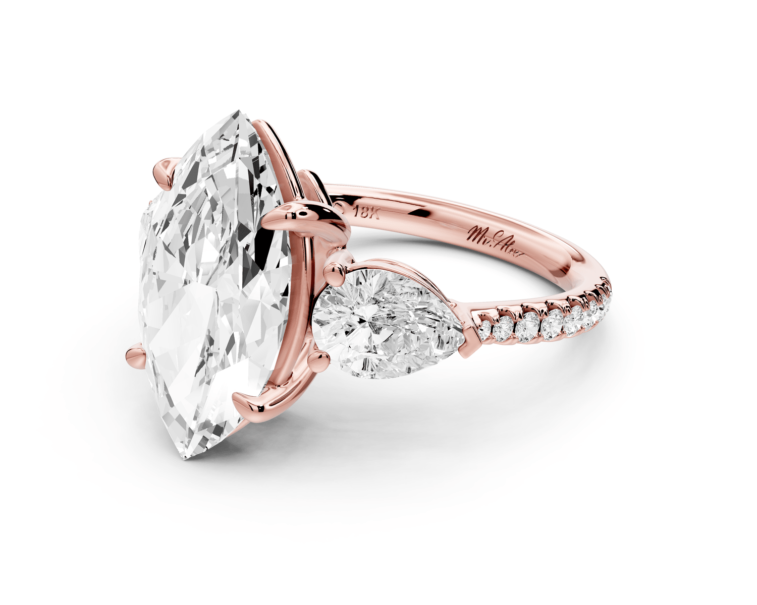 Alma - 4ct 18k rose gold marquise center stone with two pear shaped diamonds and pavé. Three stone oval and pear engagement ring with Pavé - Mr. Alex Jewelry