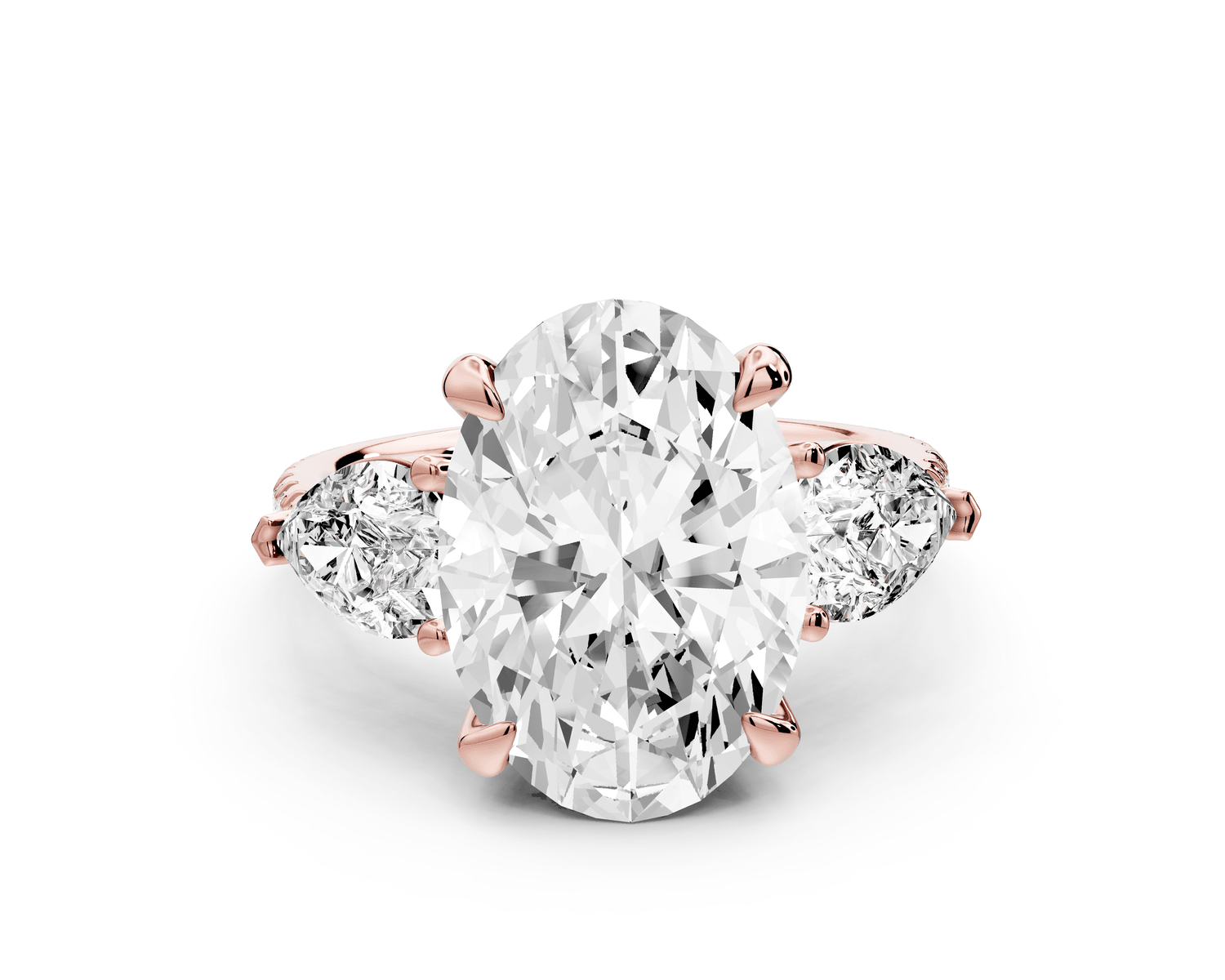 Alma - 4ct 18k rose gold oval center stone with two pear shaped diamonds and pavé. Three stone oval and pear Engagement ring with Pavé - Mr. Alex Jewelry
