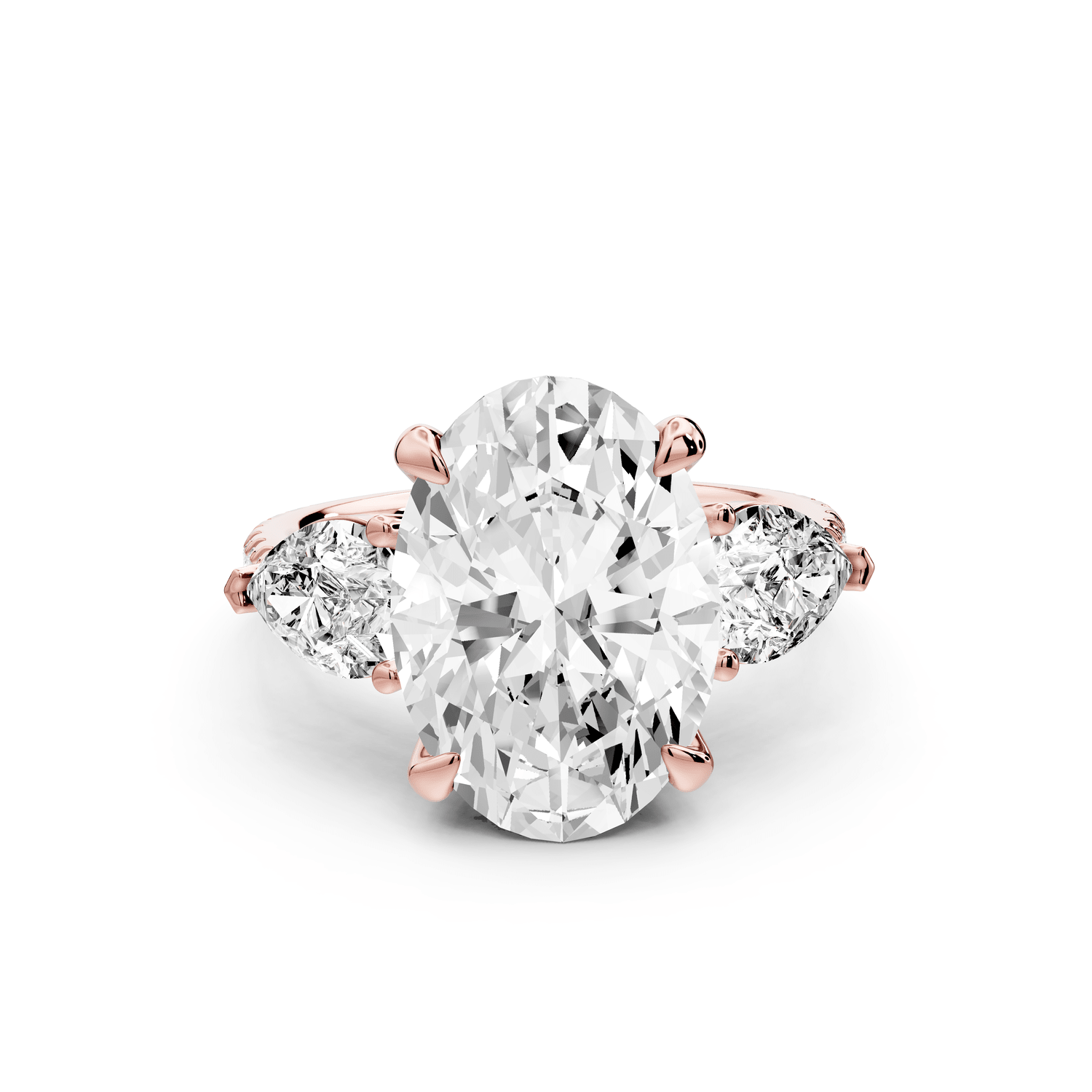 Alma - 4ct 18k rose gold oval center stone with two pear shaped diamonds and pavé. Three stone oval and pear Engagement ring with Pavé - Mr. Alex Jewelry
