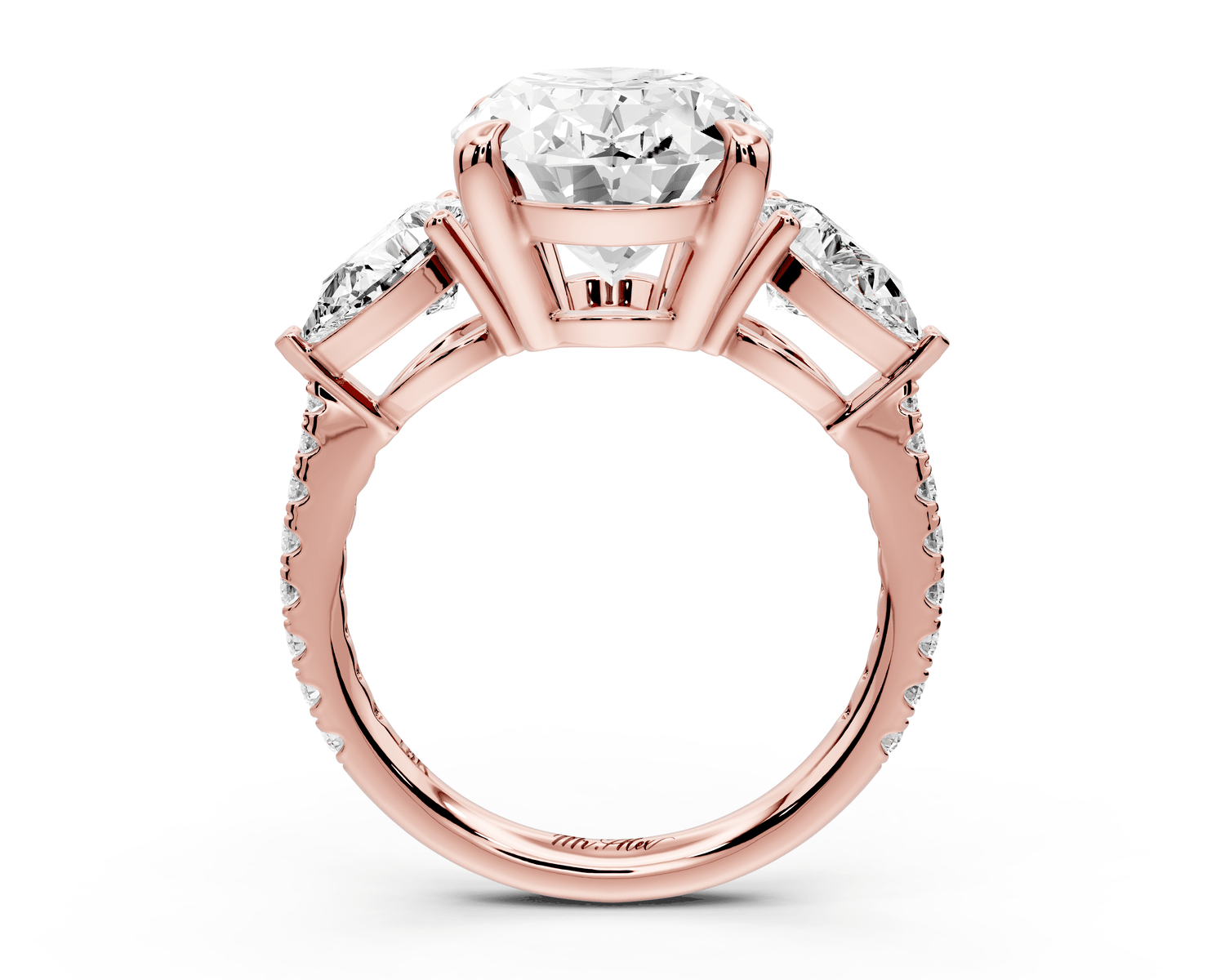 Alma - 4ct 18k rose gold oval center stone with two pear shaped diamonds and pavé. Three stone oval and pear Engagement ring with Pavé - Mr. Alex Jewelry