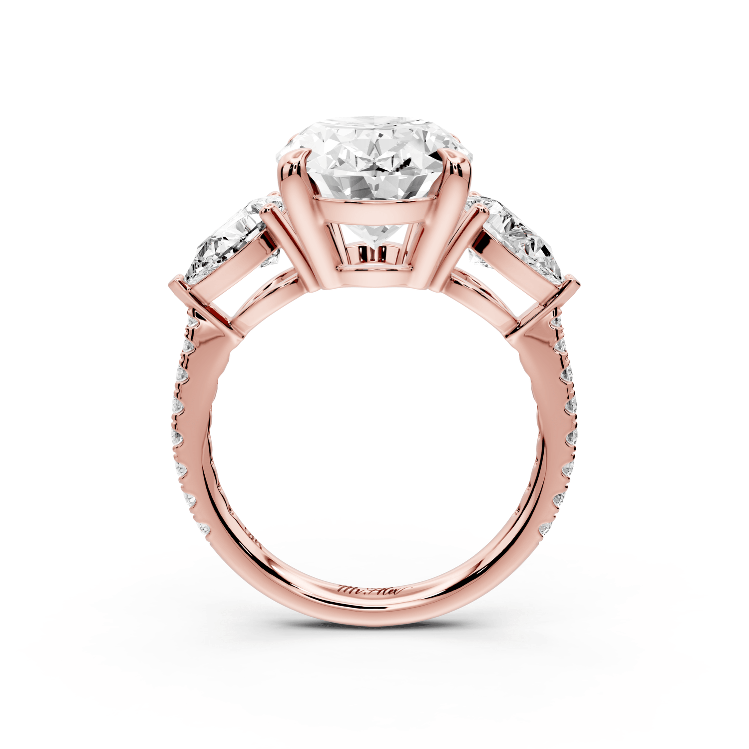 Alma - 4ct 18k rose gold oval center stone with two pear shaped diamonds and pavé. Three stone oval and pear Engagement ring with Pavé - Mr. Alex Jewelry