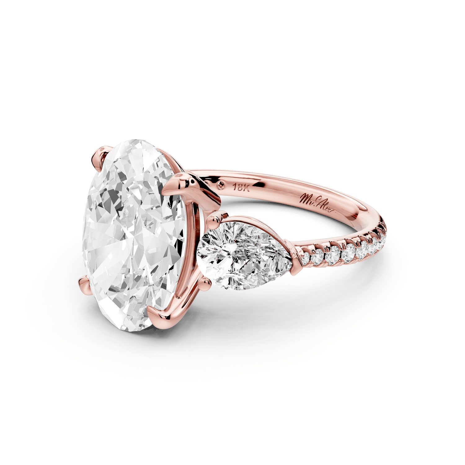 Alma - 4ct 18k rose gold oval center stone with two pear shaped diamonds and pavé. Three stone oval and pear Engagement ring with Pavé - Mr. Alex Jewelry