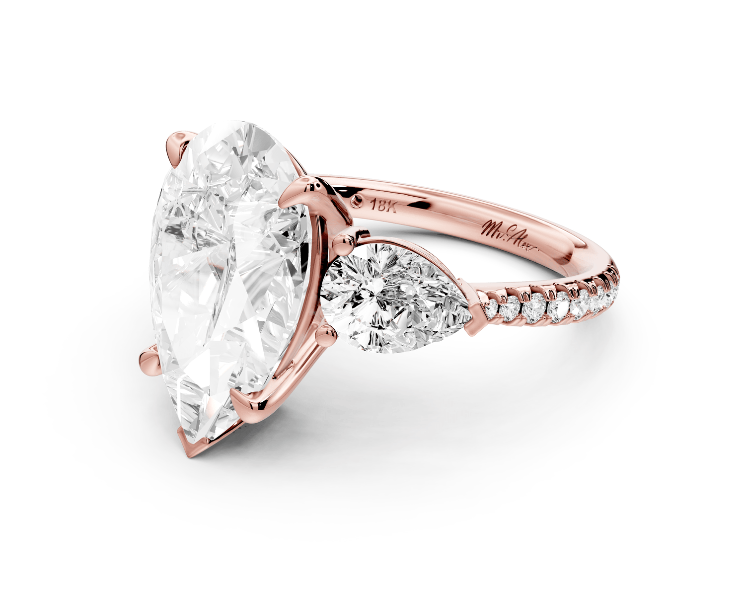 Alma - 4ct 18k rose gold pear center stone with two pear shaped diamonds and pavé. Three stone oval and pear Engagement ring with Pavé - Mr. Alex Jewelry