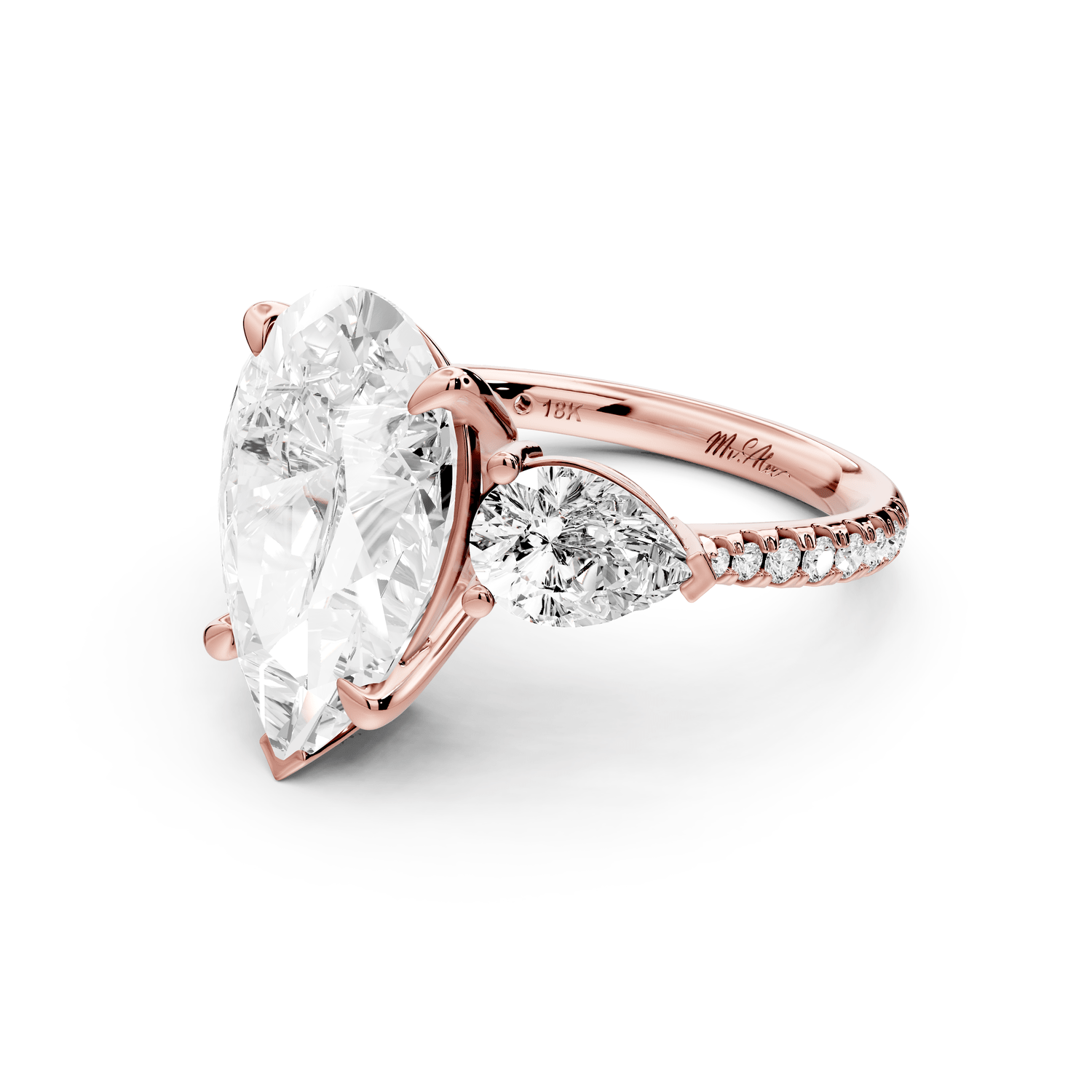 Alma - 4ct 18k rose gold pear center stone with two pear shaped diamonds and pavé. Three stone oval and pear Engagement ring with Pavé - Mr. Alex Jewelry