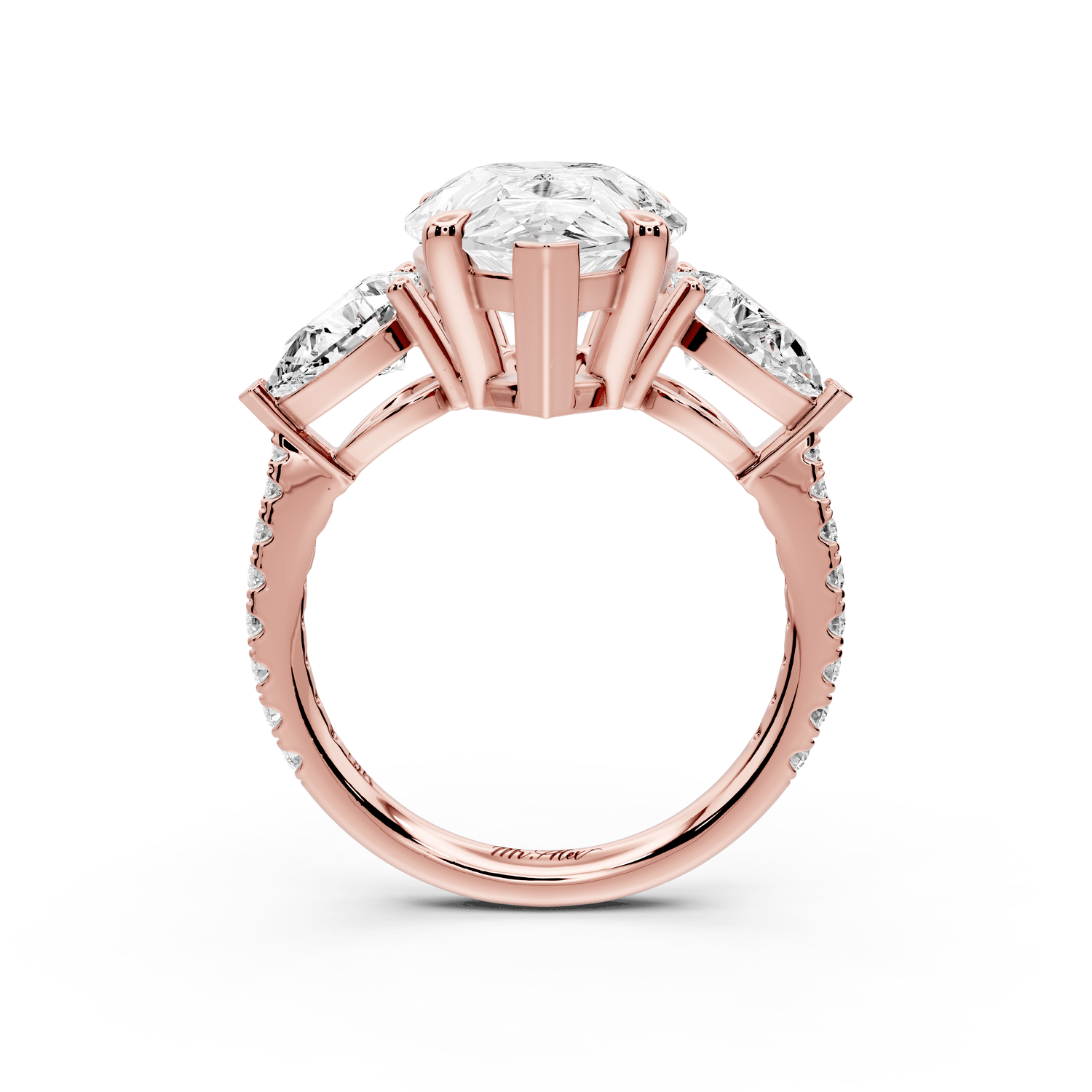 Alma - 4ct 18k rose gold pear center stone with two pear shaped diamonds and pavé. Three stone oval and pear Engagement ring with Pavé - Mr. Alex Jewelry