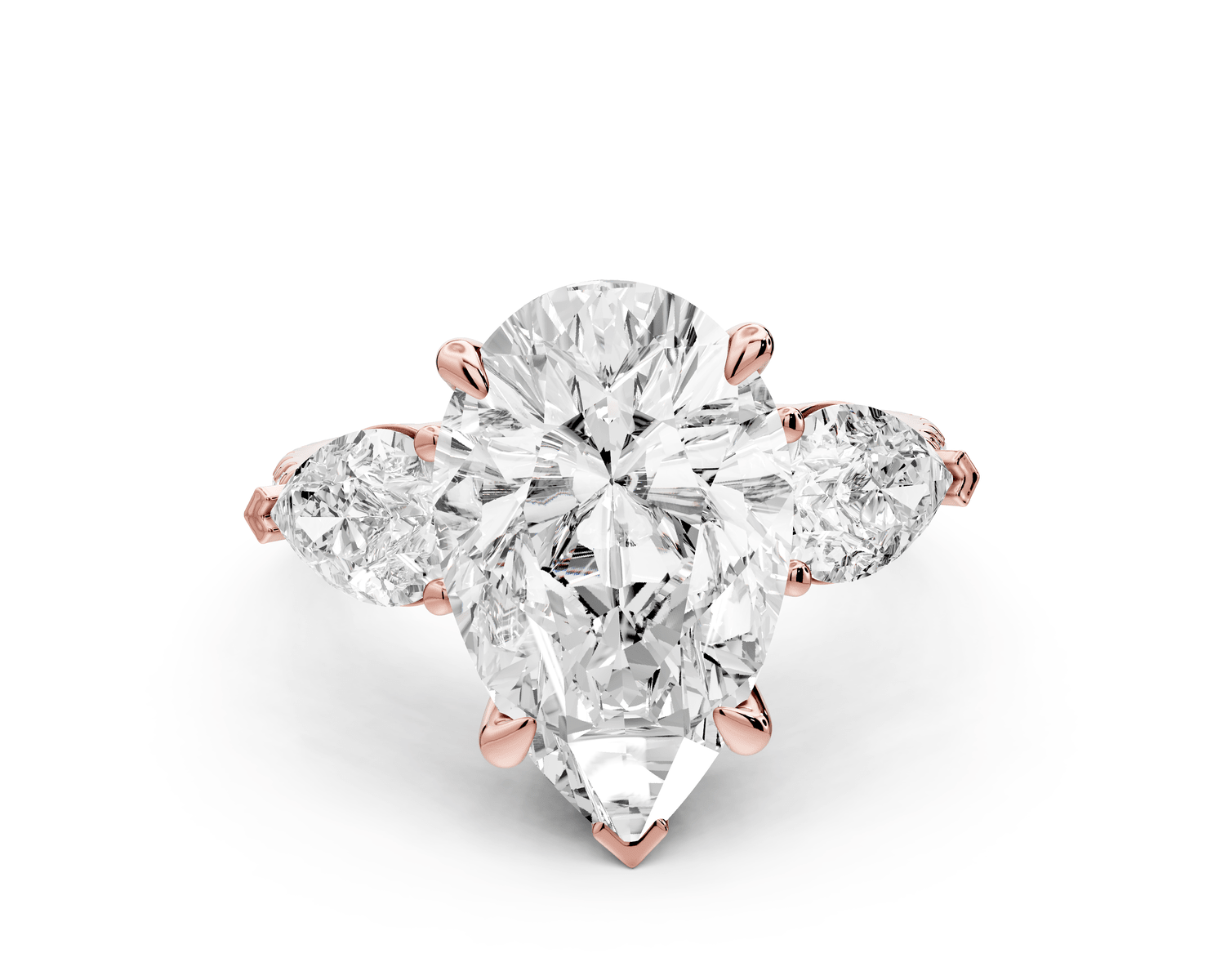 Alma - 4ct 18k rose gold pear center stone with two pear shaped diamonds and pavé. Three stone oval and pear Engagement ring with Pavé - Mr. Alex Jewelry