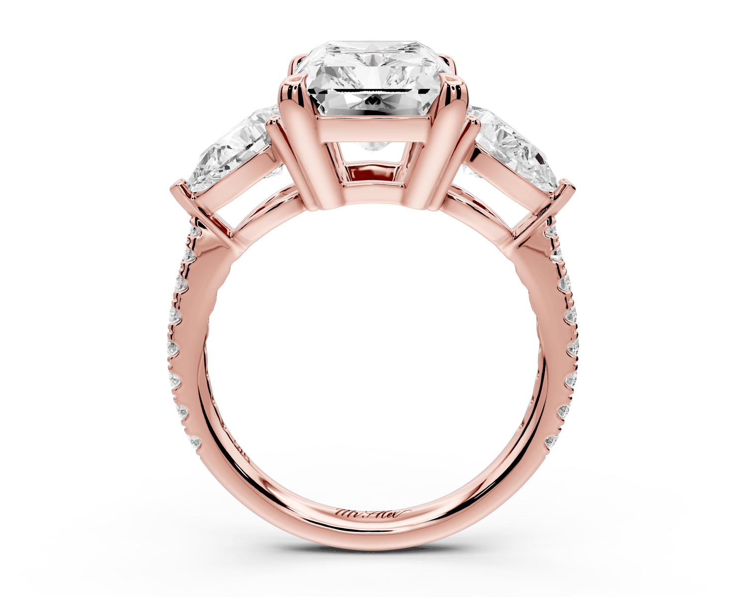 Alma - 4ct 18k rose gold radiant center stone with two pear shaped diamonds and pavé. Three stone oval and pear engagement ring with Pavé - Mr. Alex Jewelry