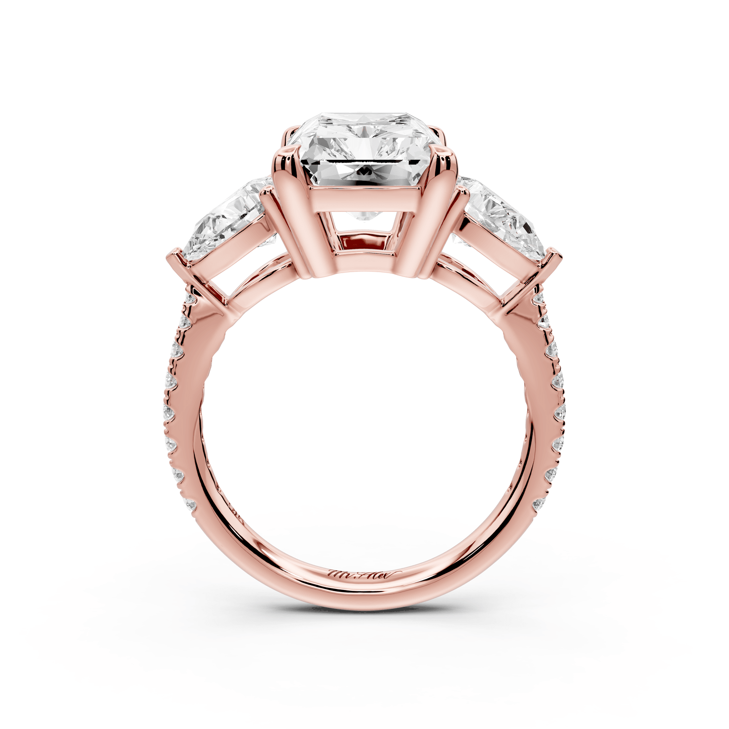 Alma - 4ct 18k rose gold radiant center stone with two pear shaped diamonds and pavé. Three stone oval and pear engagement ring with Pavé - Mr. Alex Jewelry